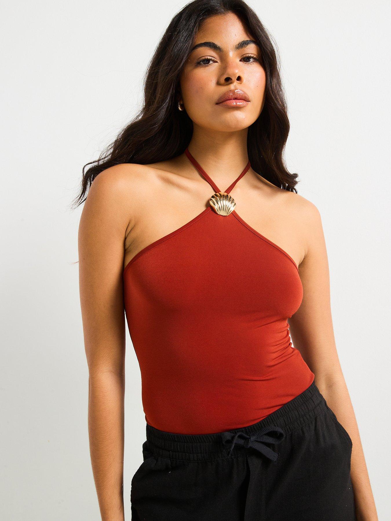 undefined Shell Detail Halter Neck Top - Orange