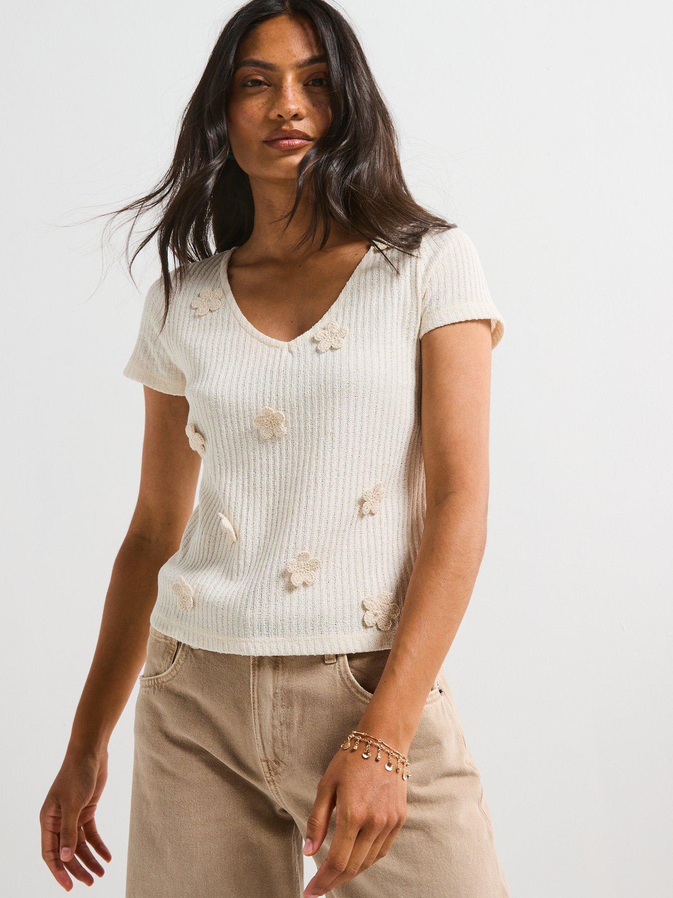front image of v-by-very-crochet-flower-neck-t-shirt-cream