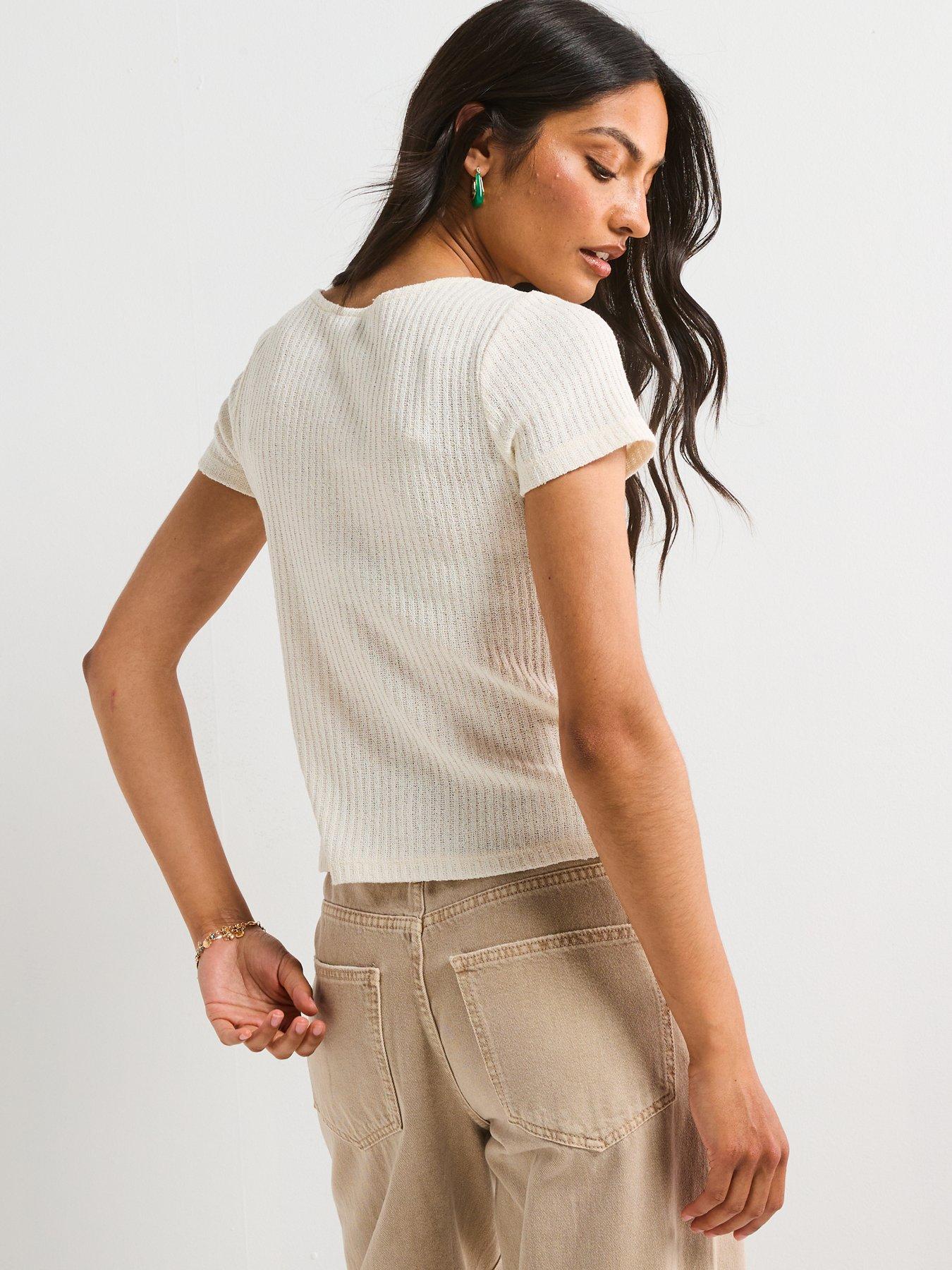 stillFront image of v-by-very-crochet-flower-neck-t-shirt-cream