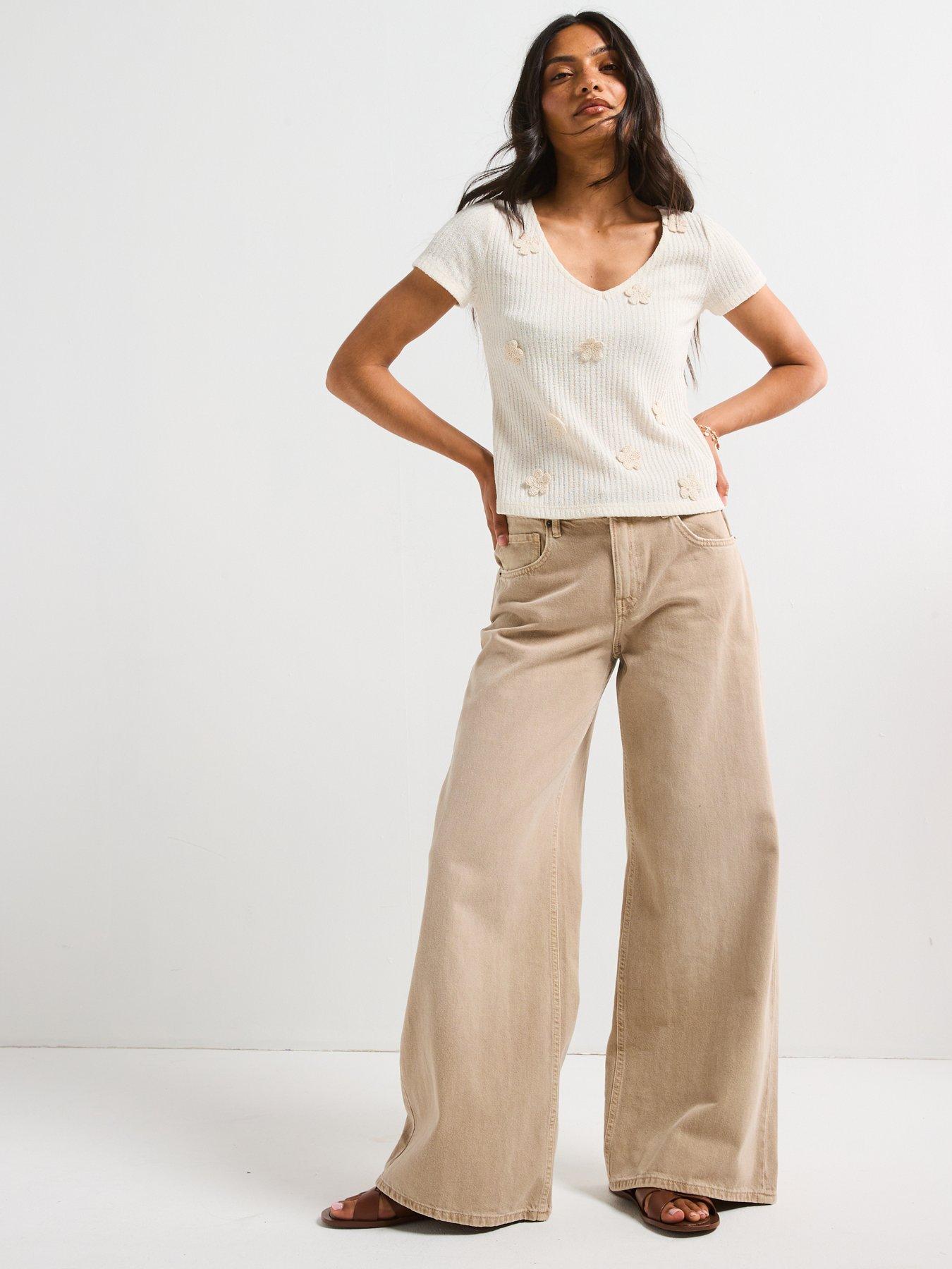  image of v-by-very-crochet-flower-neck-t-shirt-cream