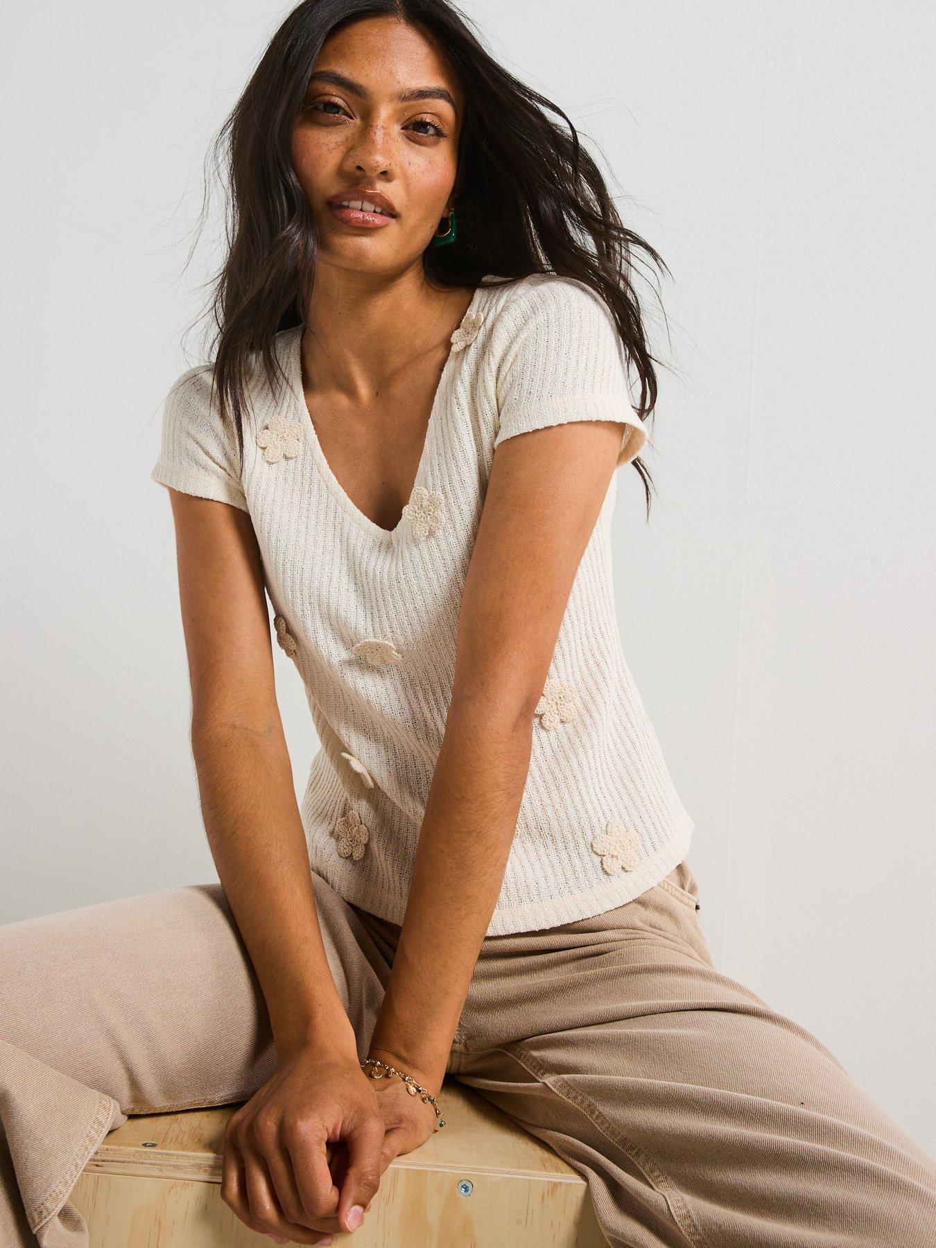  image of v-by-very-crochet-flower-neck-t-shirt-cream