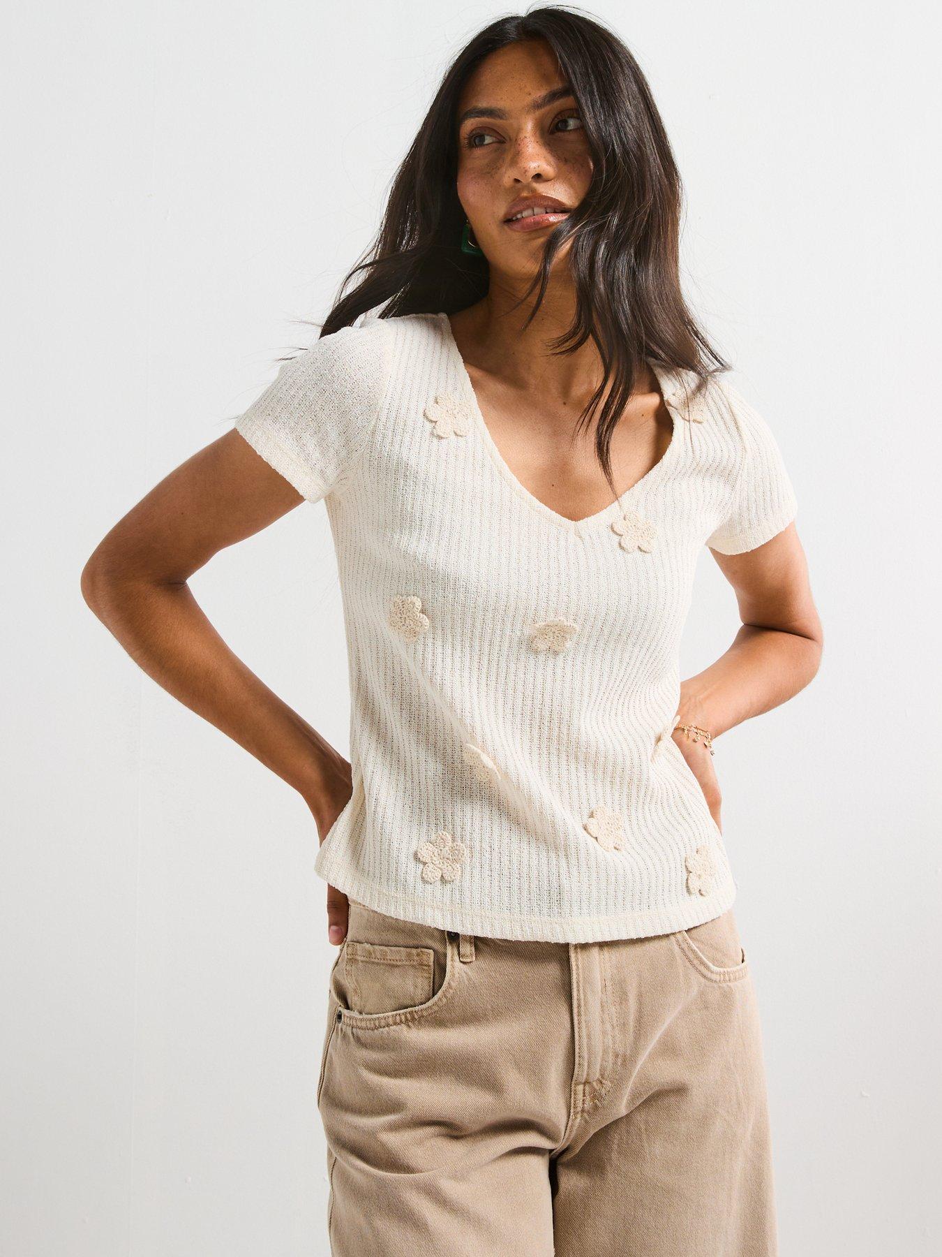  image of v-by-very-crochet-flower-neck-t-shirt-cream