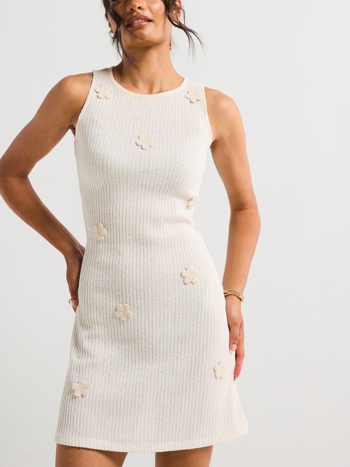 V by Very Crochet Flower Mini Dress - Cream