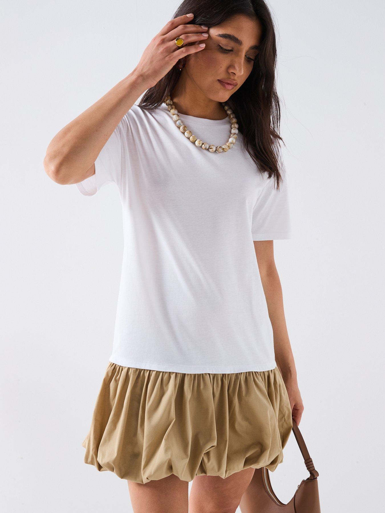 undefined Puff Ball Crew Neck Mini Dress - White