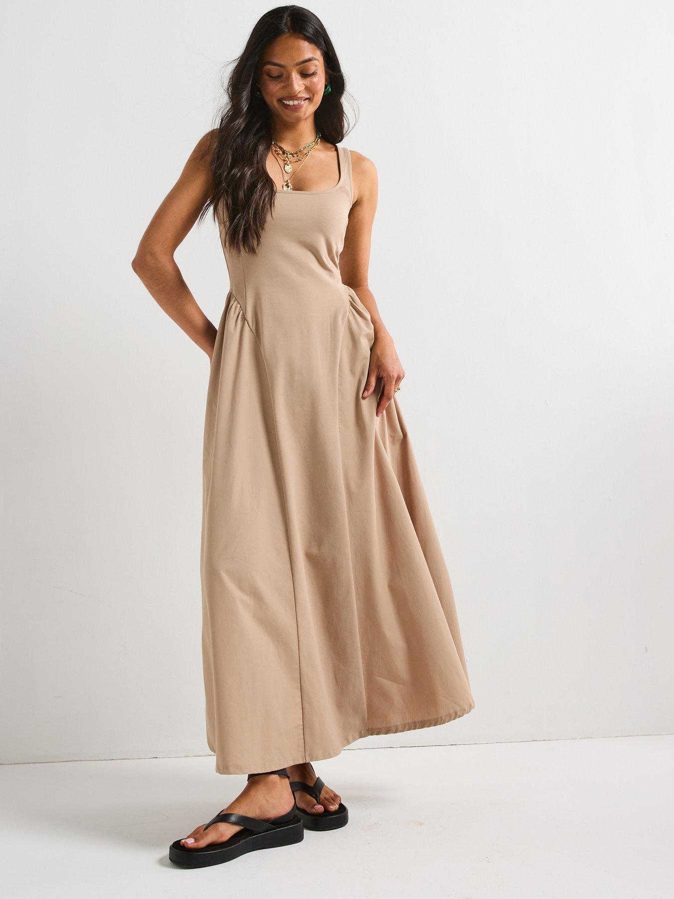 undefined Woven Mix Midaxi Dress - Taupe