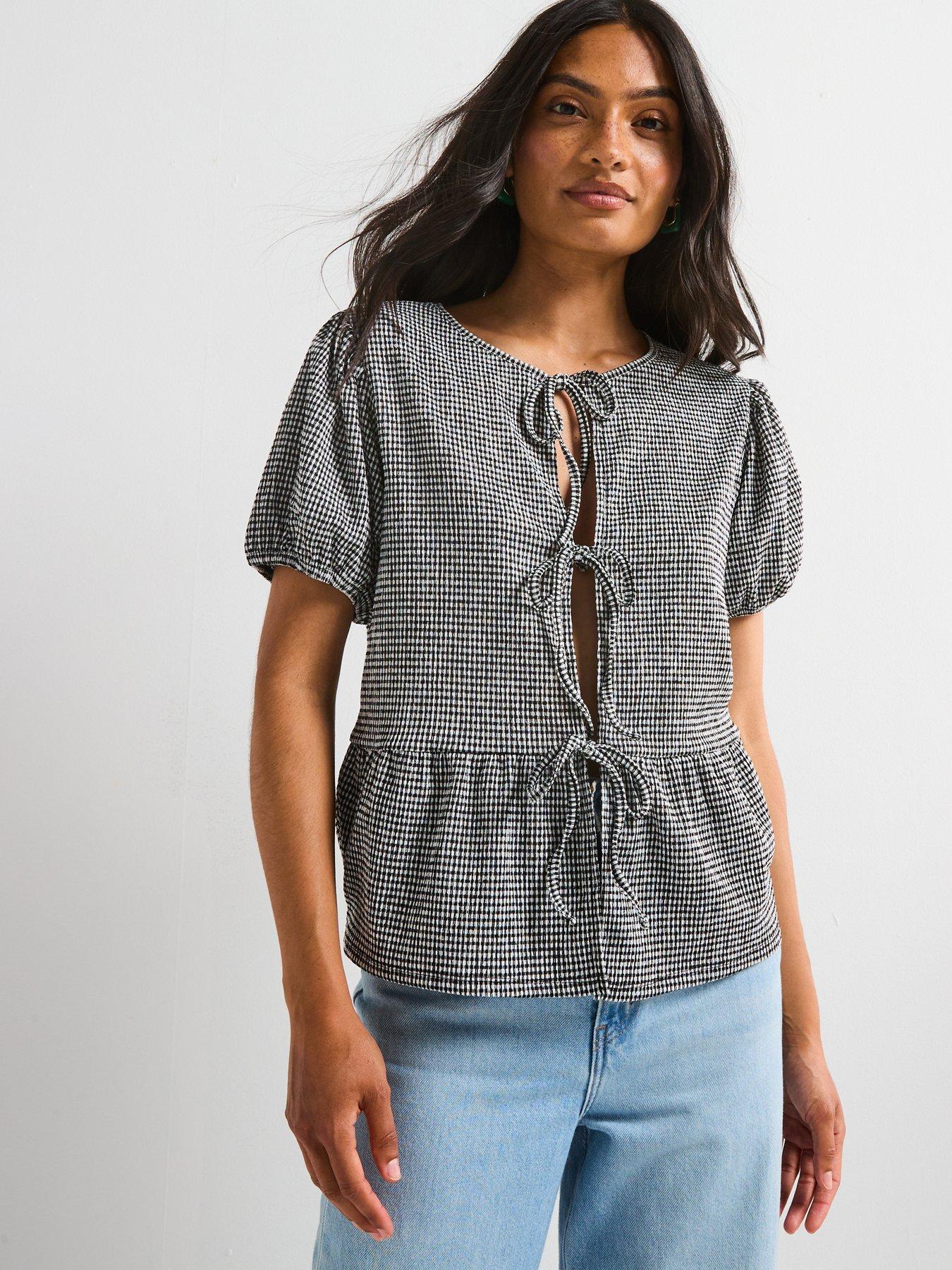 undefined Puff Sleeve Tie Front Gingham Top - Black