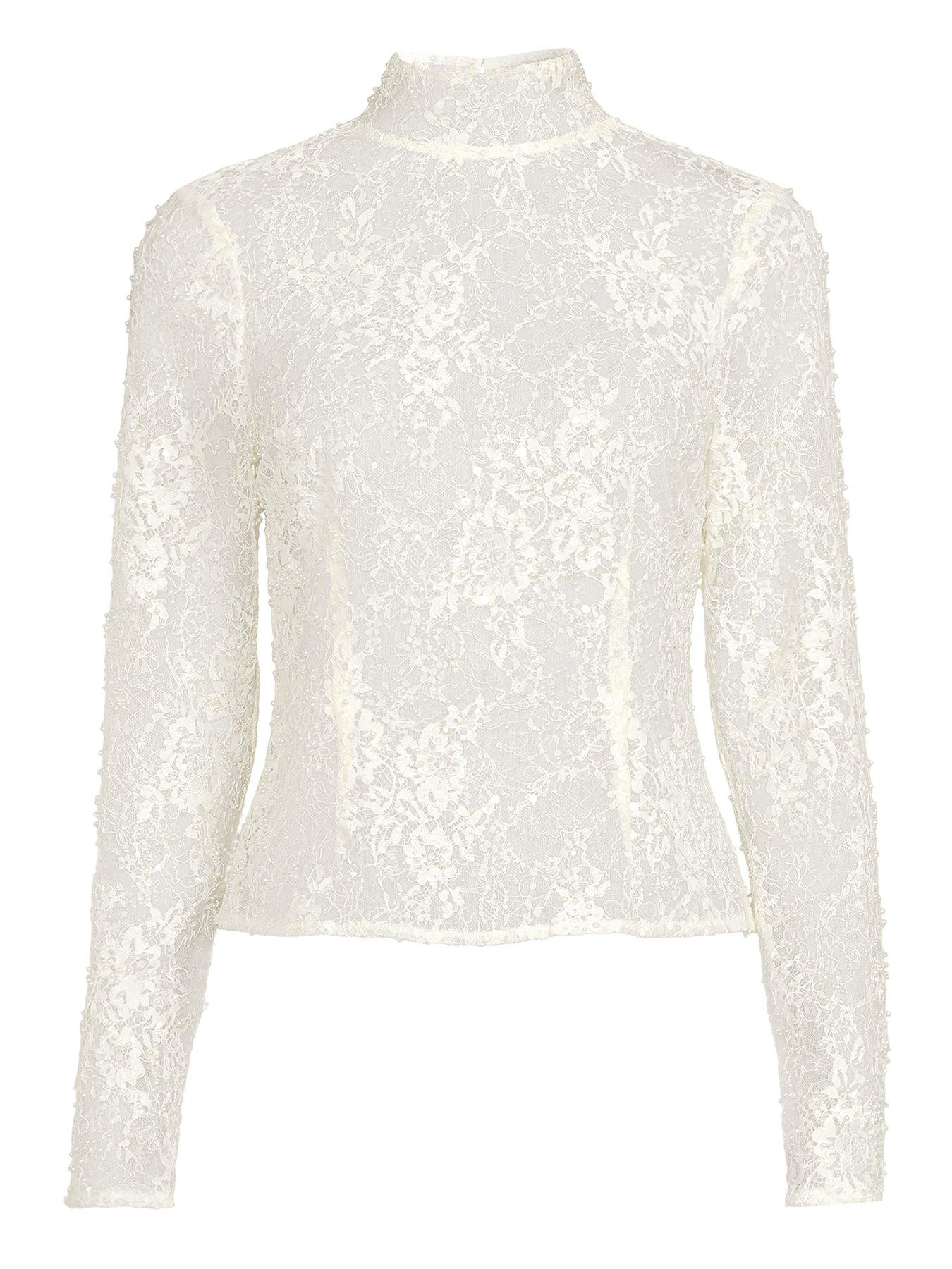  image of michelle-keegan-lace-beaded-high-neck-blouse-white
