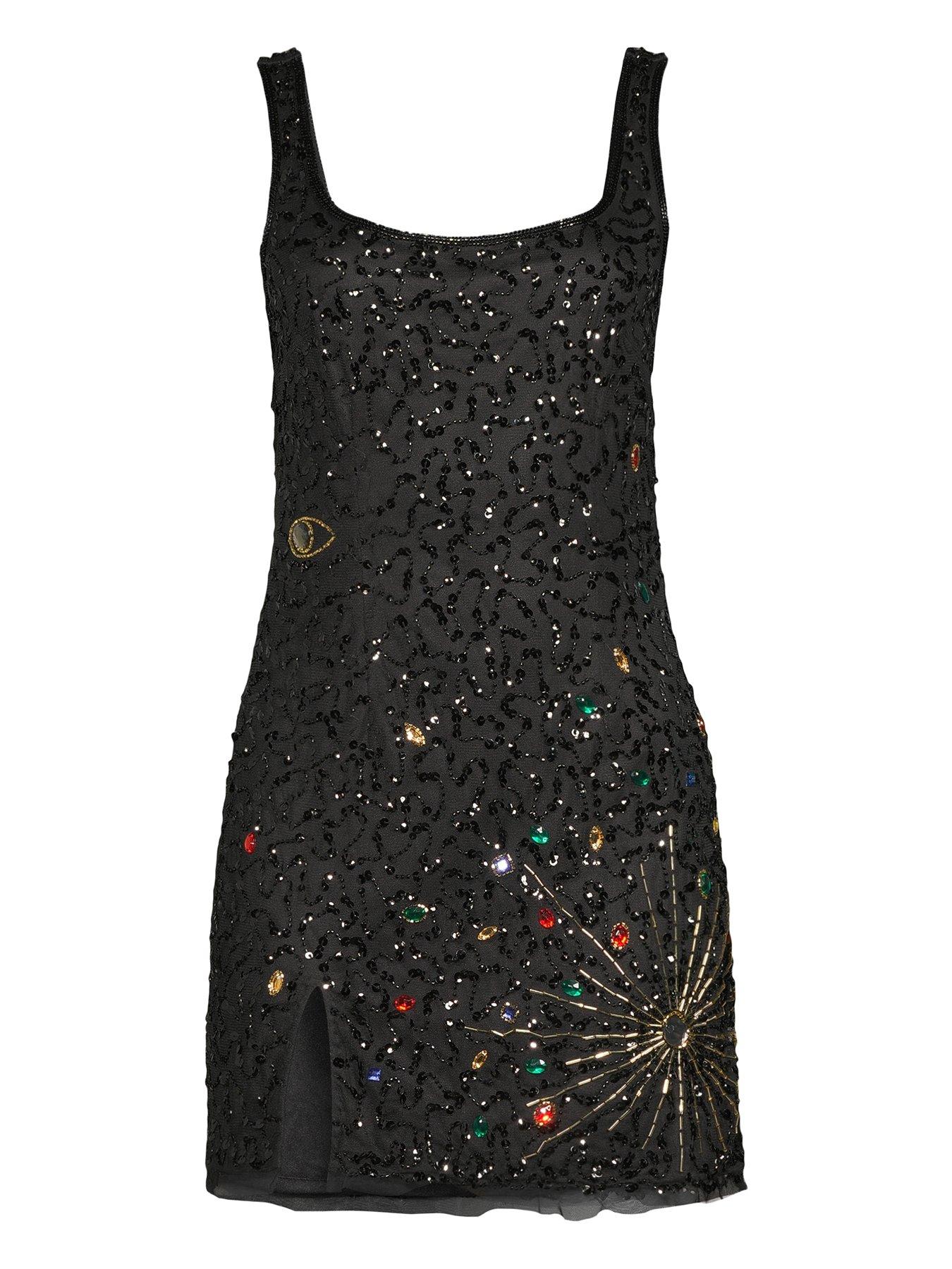  image of michelle-keegan-embellished-square-neck-mini-dress-black