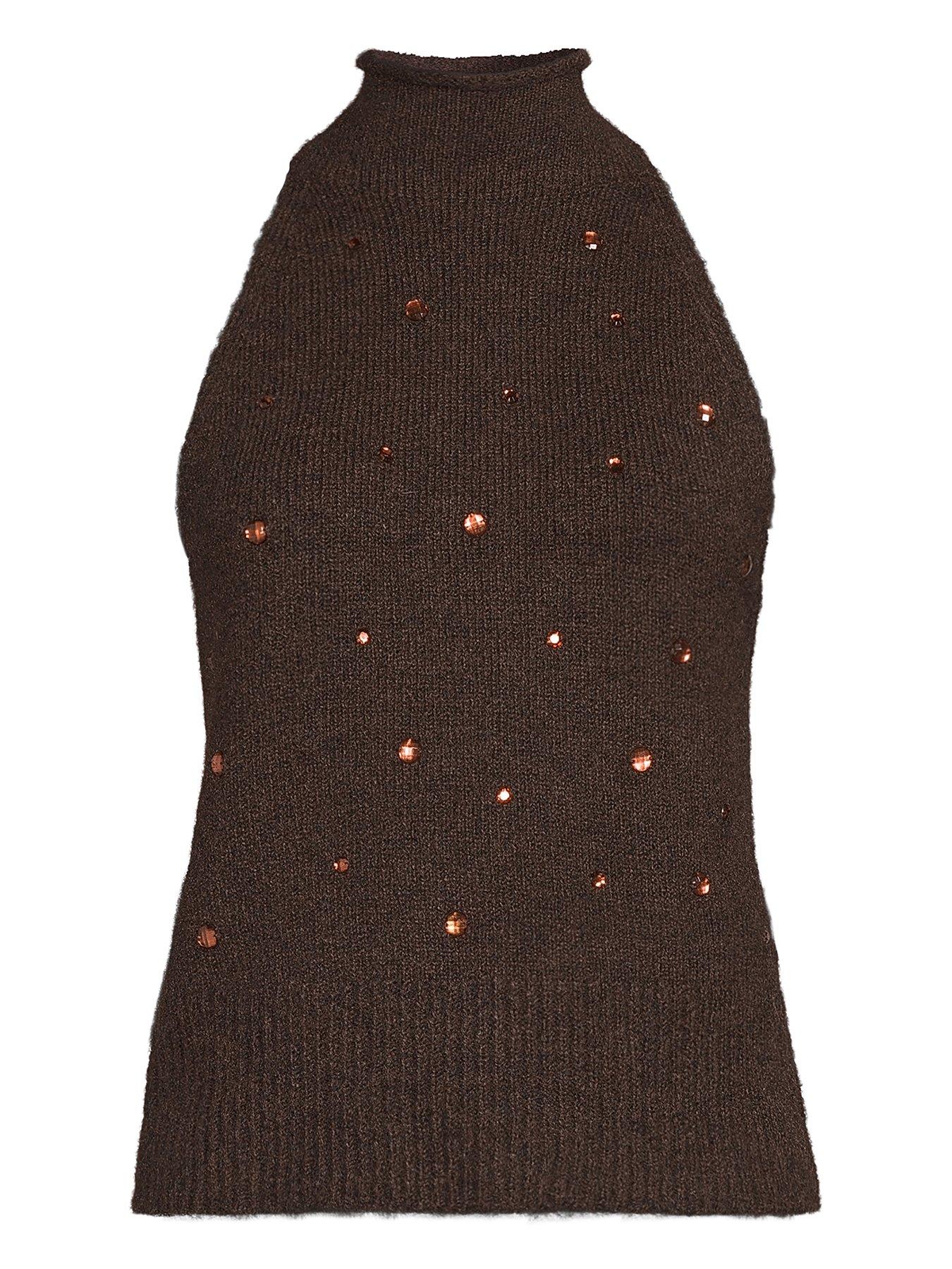  image of michelle-keegan-drop-bead-wool-blend-knitted-polo-neck-brown