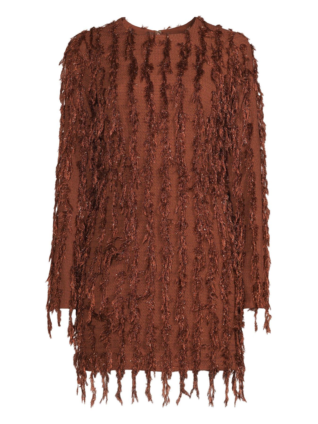  image of michelle-keegan-fringe-long-sleeve-mini-dress-brown