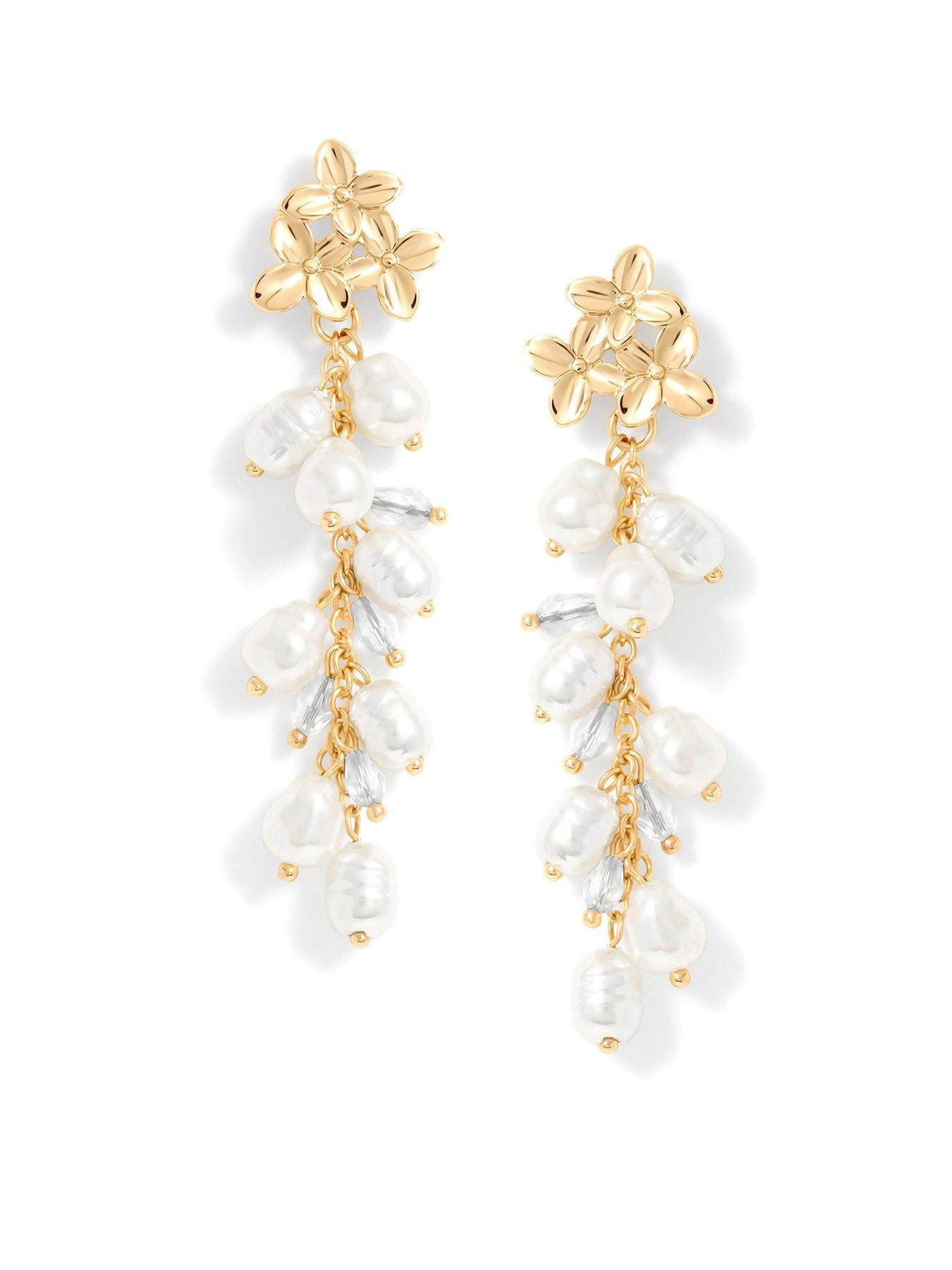  image of mood-gold-triple-flower-pearl-cluster-drop-earrings