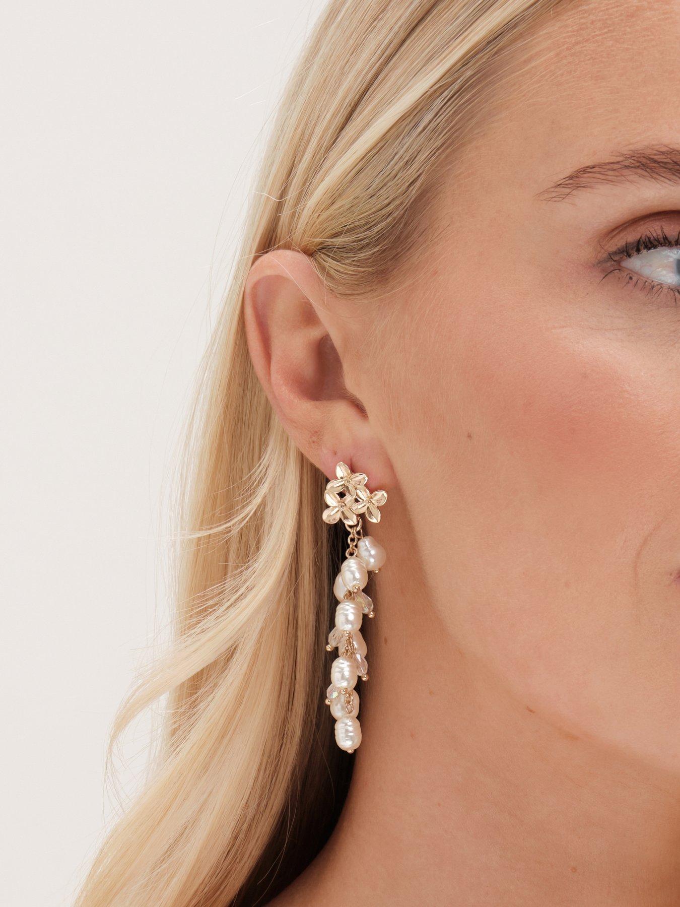  image of mood-gold-triple-flower-pearl-cluster-drop-earrings