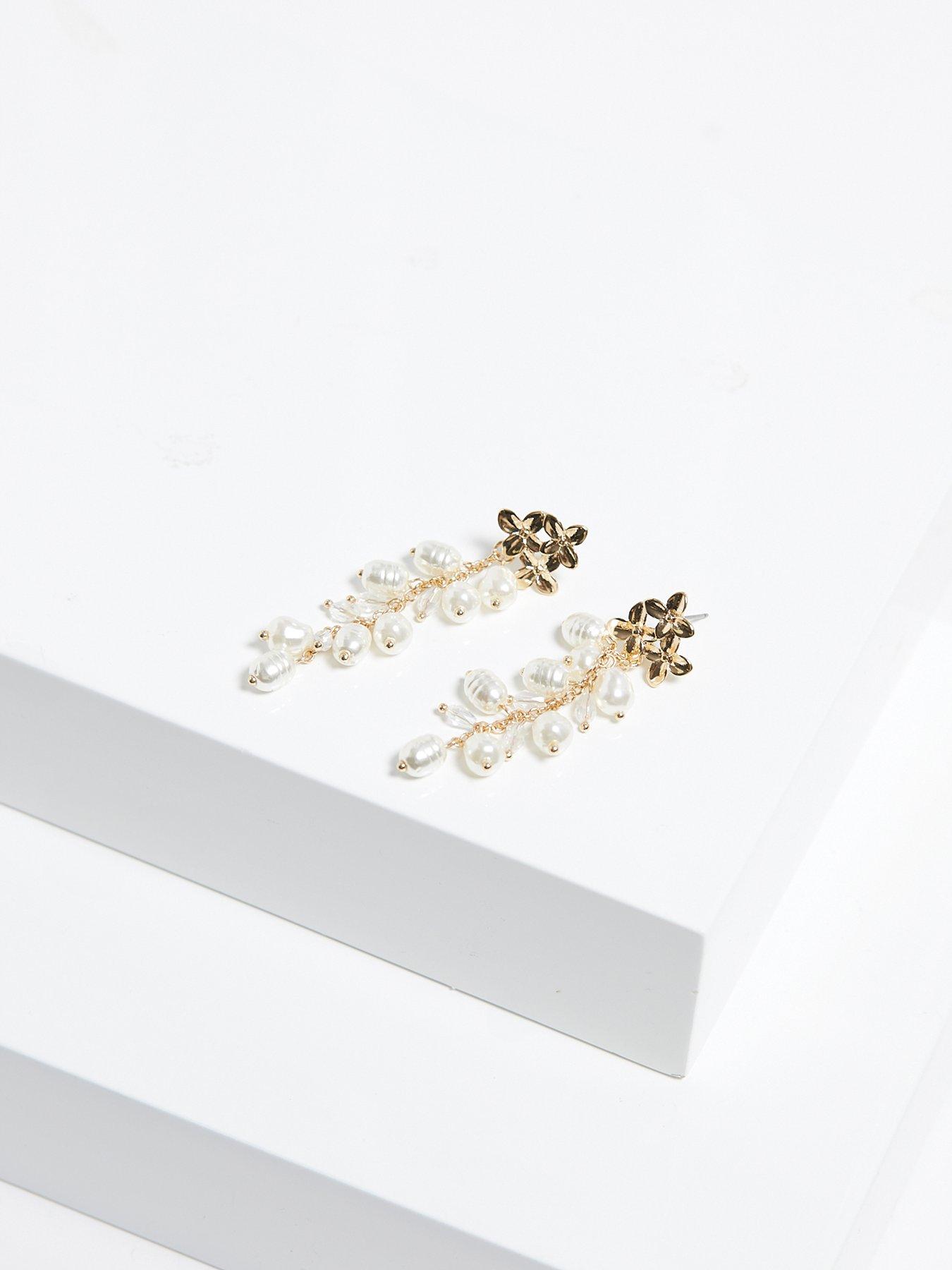  image of mood-gold-triple-flower-pearl-cluster-drop-earrings