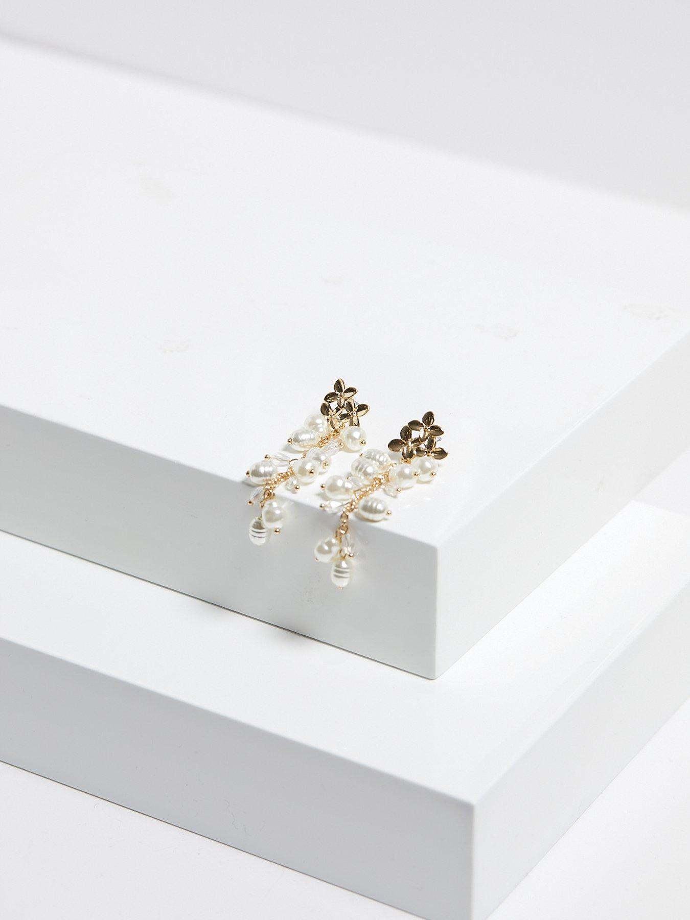  image of mood-gold-triple-flower-pearl-cluster-drop-earrings