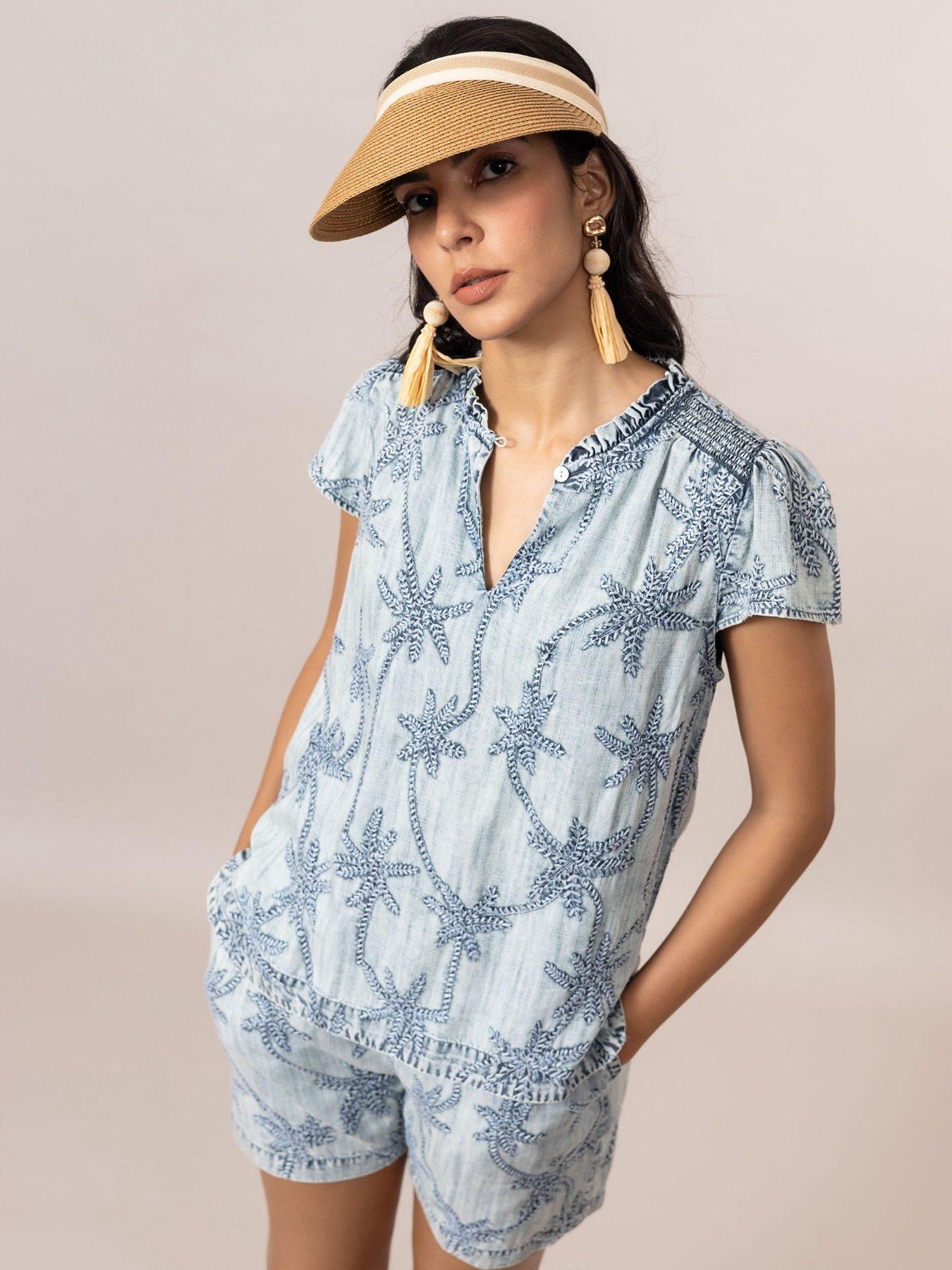 Emily Lovelock Ada Palm Print Denim Short - Blue