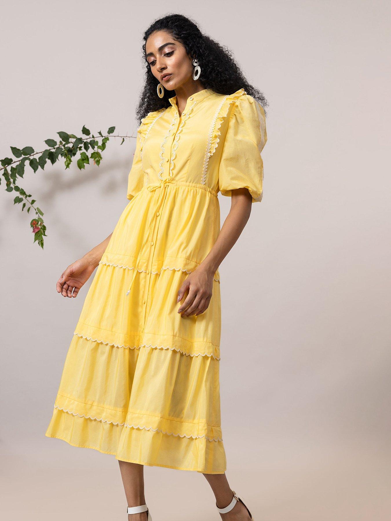 Emily Lovelock Sabrina Lace Detail Long Sleeve Maxi Dress - Yellow