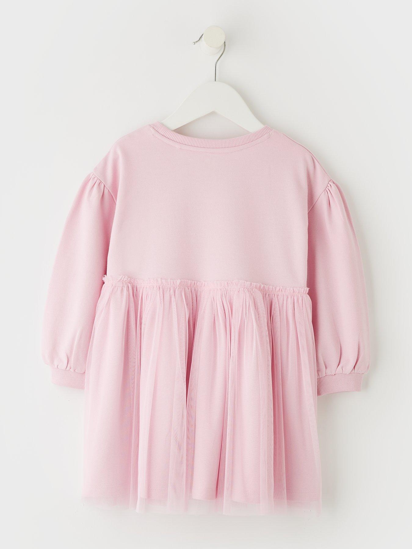 Image 2 of 4 of Mini V by Very Girls Dropped Shoulder Tulle Detail Dress - Pink