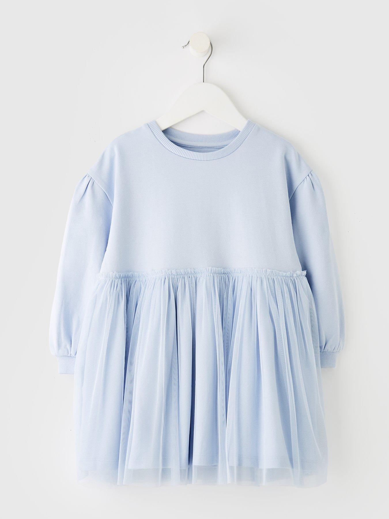 undefined Girls Dropped Shoulder Tulle Detail Dress - Blue