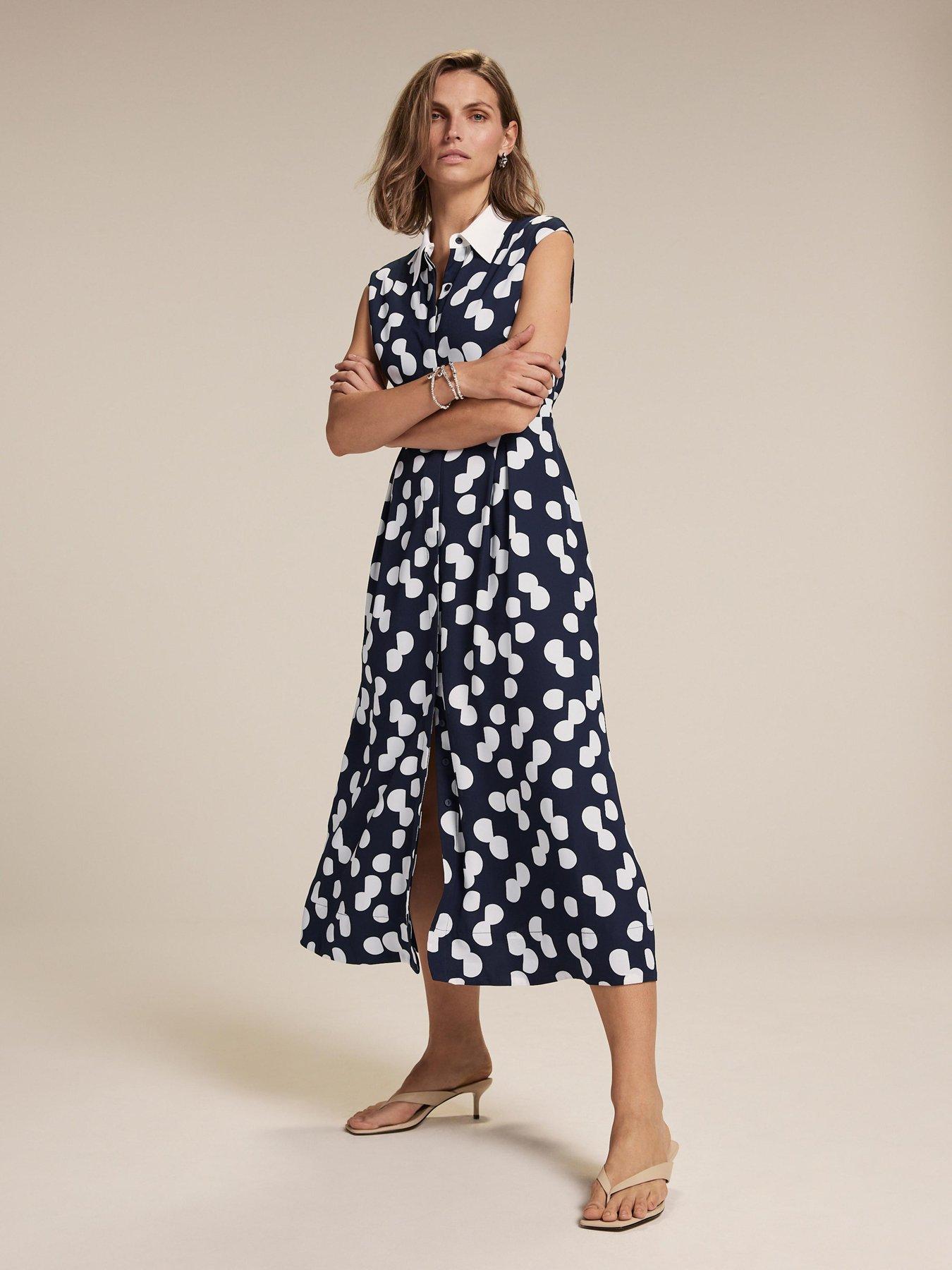 undefined Polka Dot Shirt Midi Dress - Navy