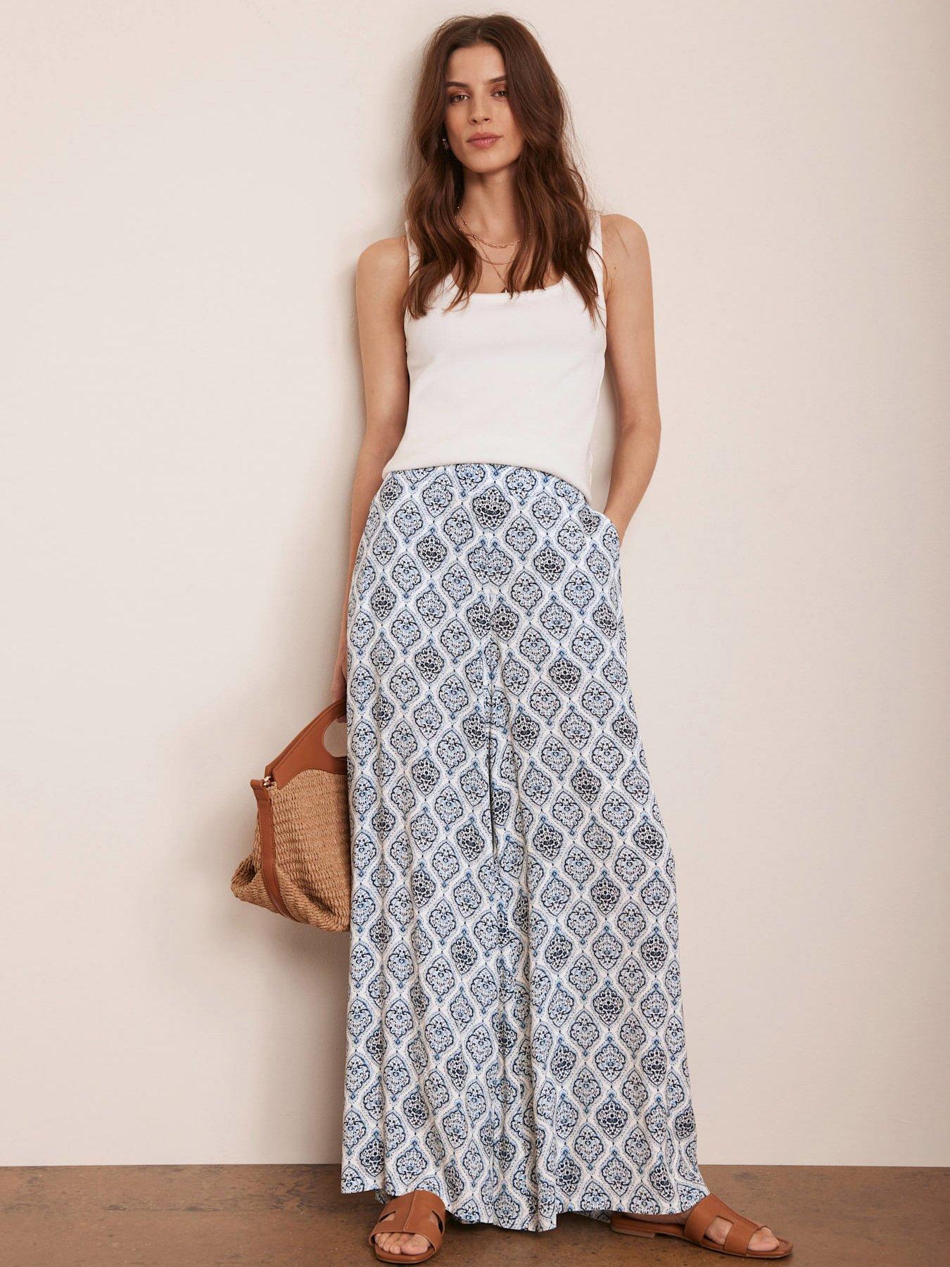 undefined White Geometric Print Wide Trousers - Cream