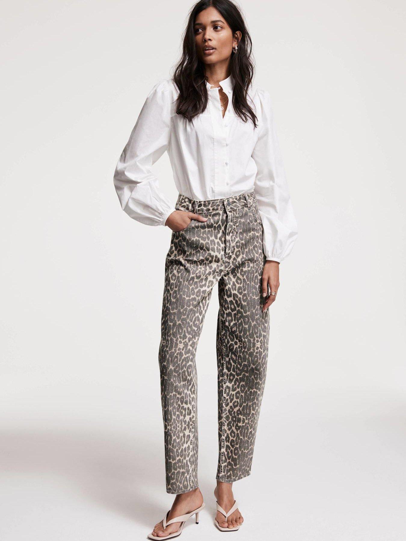 Image 1 of 6 of Mint Velvet Leopard Print Tapered Jeans - Beige