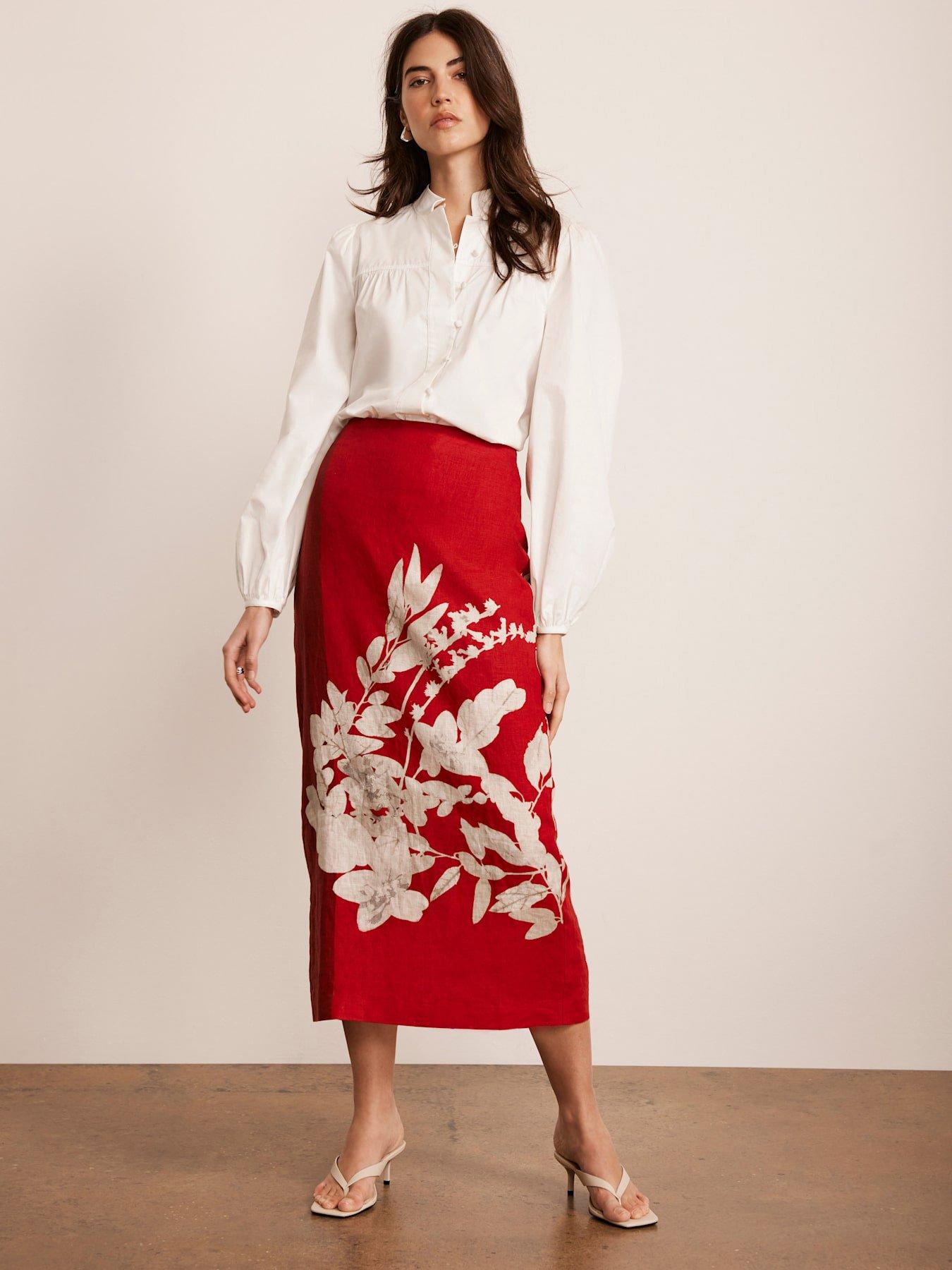undefined Linen Floral Print Pencil Skirt - Red