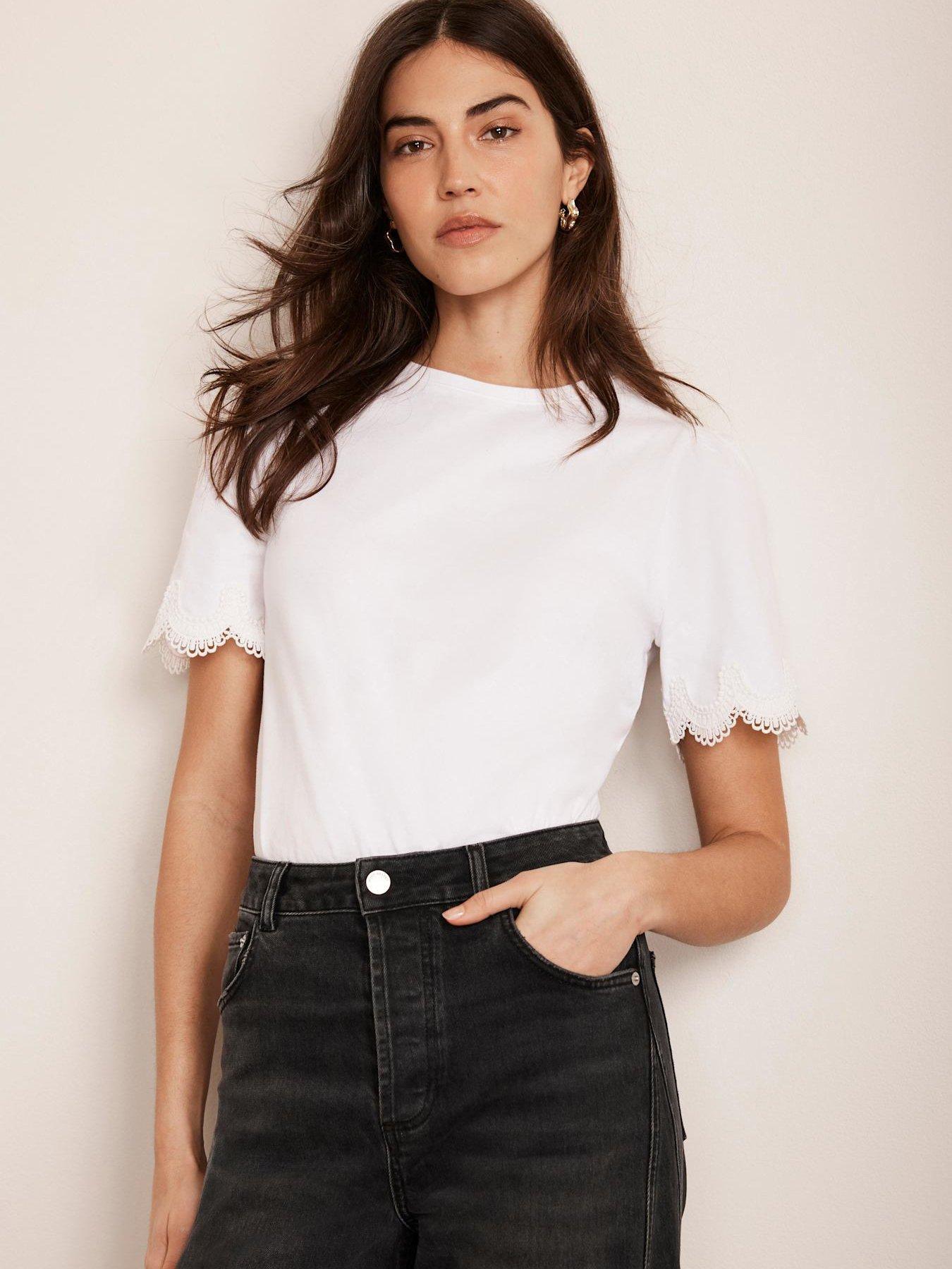  image of mint-velvet-cream-cotton-lace-trim-t-shirt-ivory