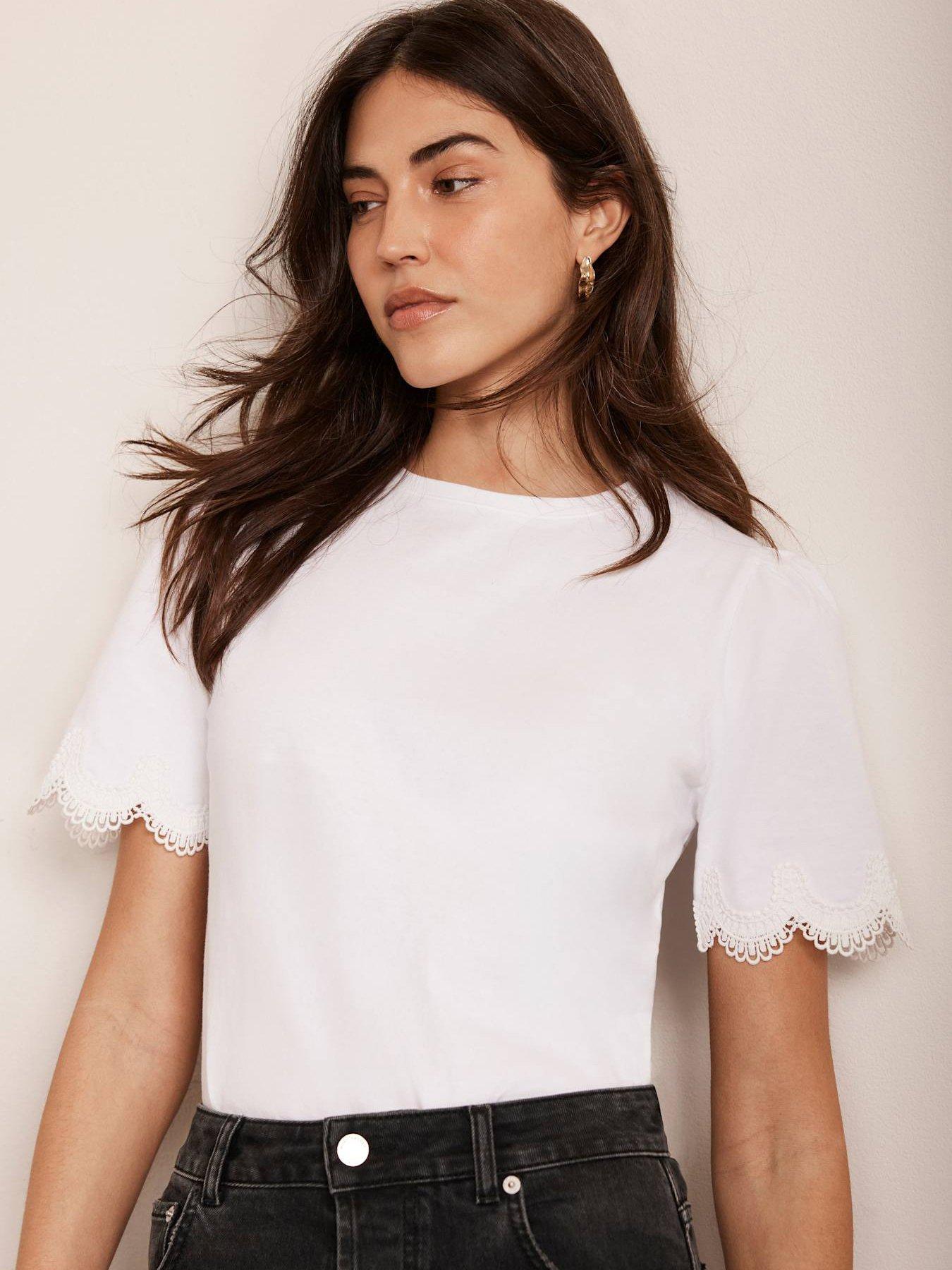 image of mint-velvet-cream-cotton-lace-trim-t-shirt-ivory