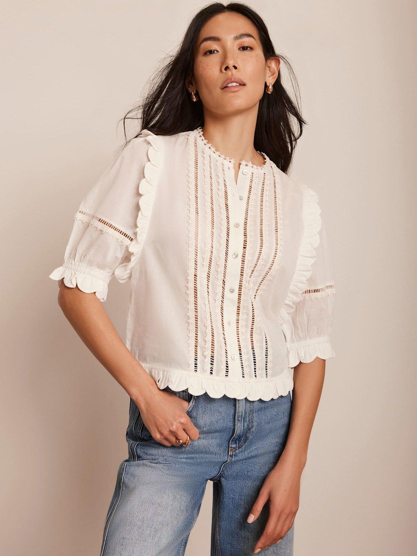 undefined White Ruffle Trim Cotton Top - Ivory