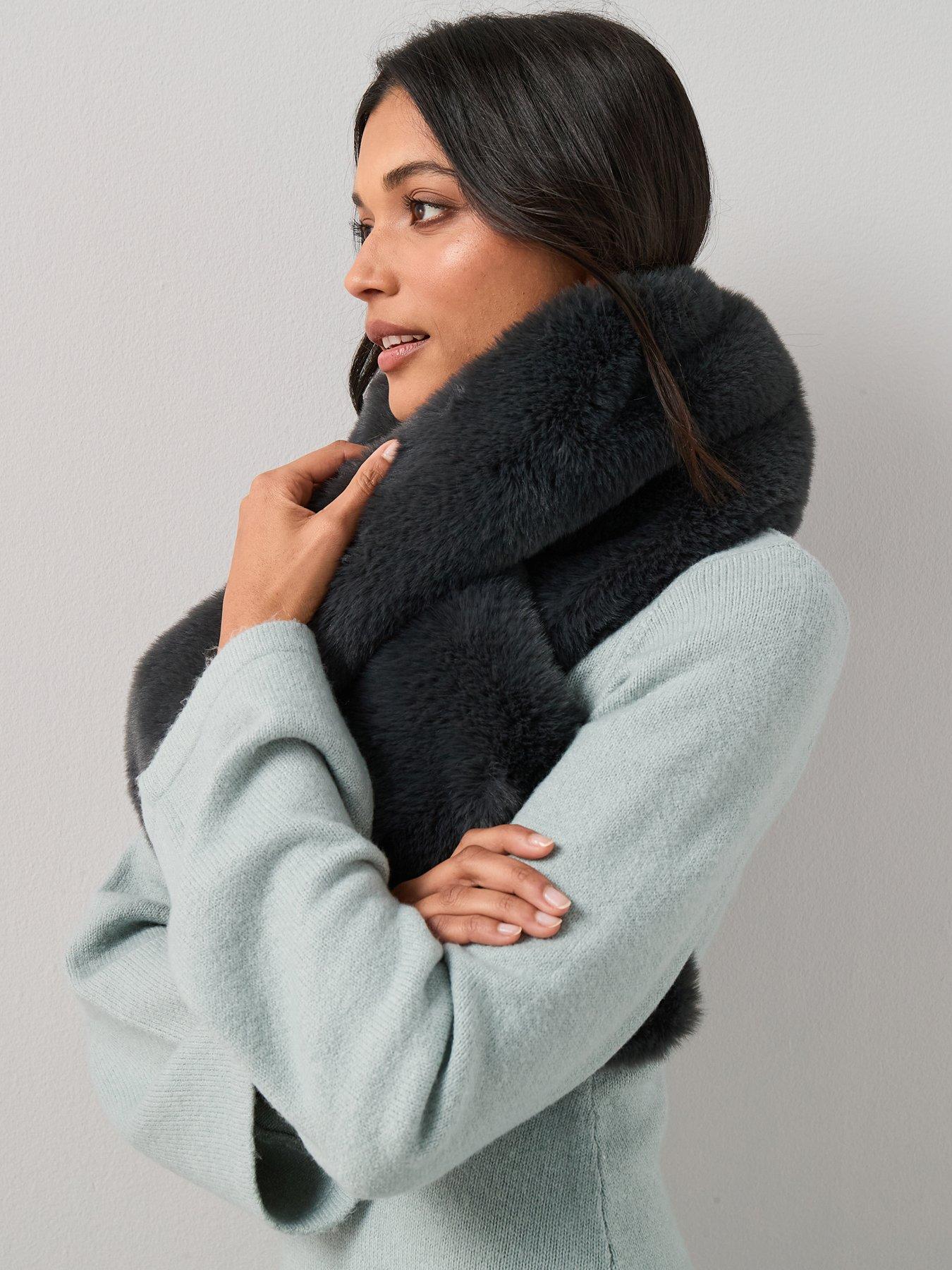 front image of the-very-collection-faux-fur-scarf-dark-grey