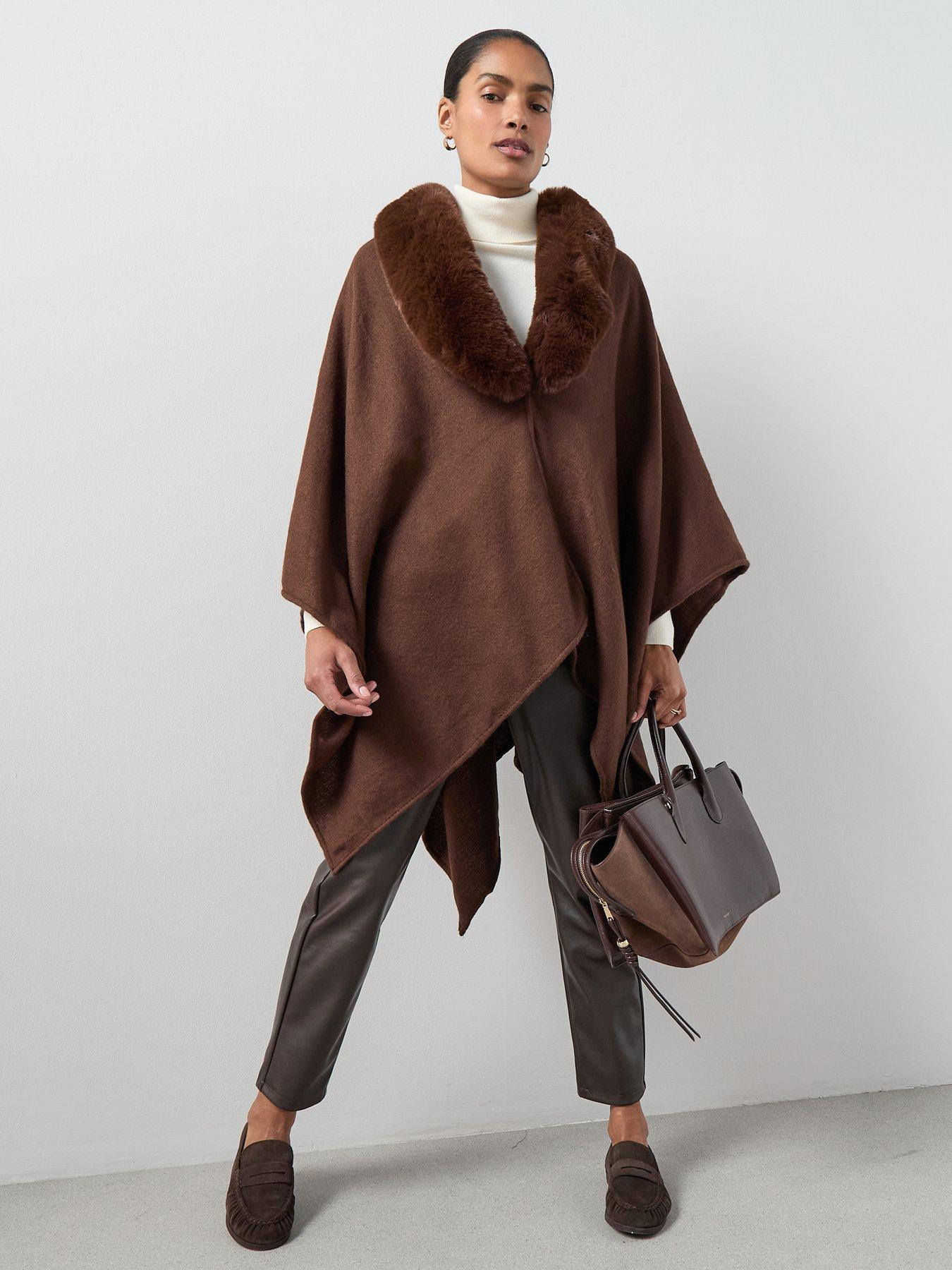 The Very Collection Faux Fur Trim Wrap - Brown
