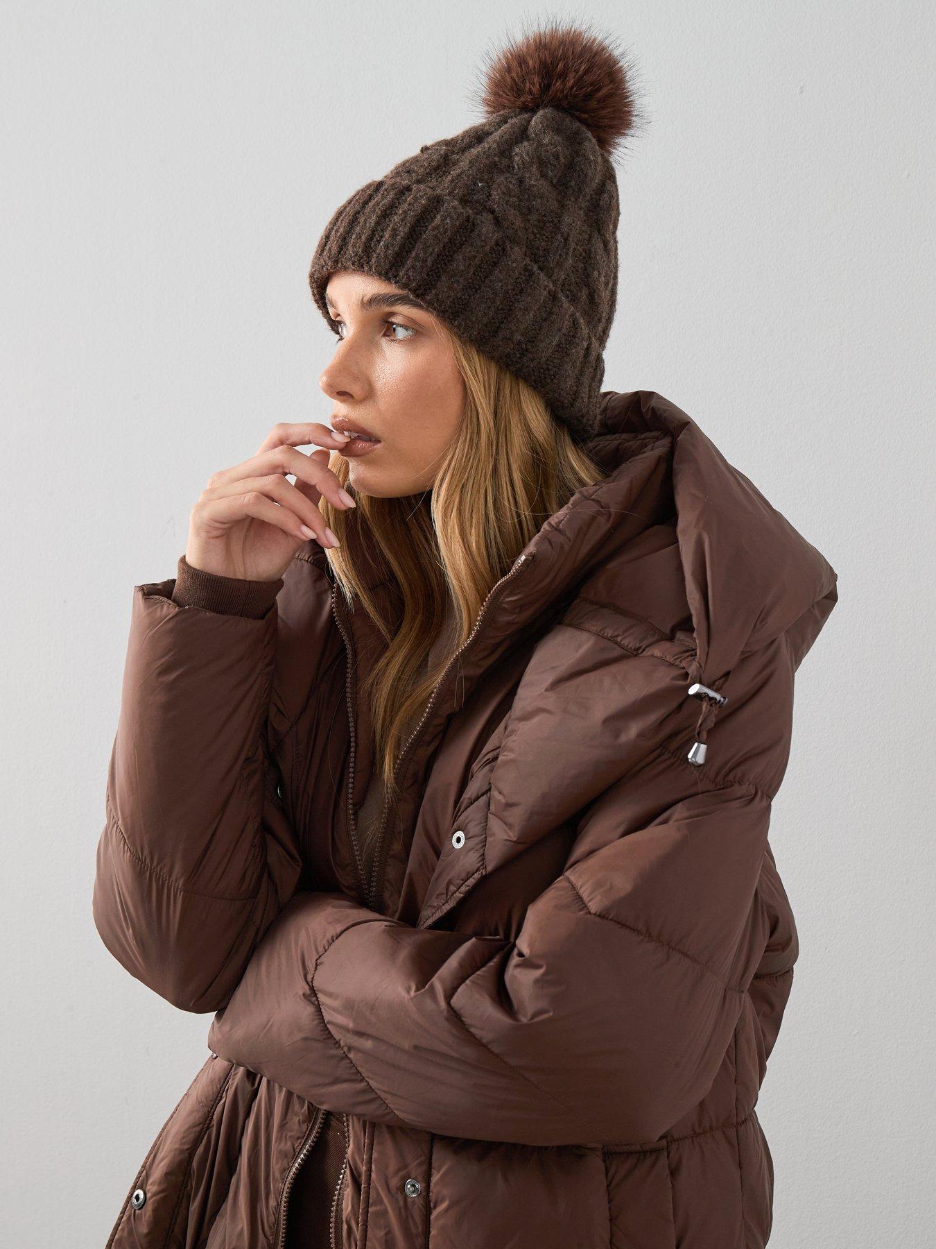 The Very Collection Cable Knitted Beanie With Faux Fur Pom Pom - Chocolate