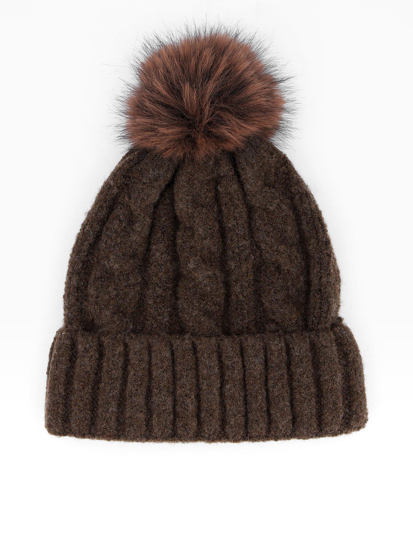The Very Collection Cable Knitted Beanie With Faux Fur Pom Pom - Chocolate