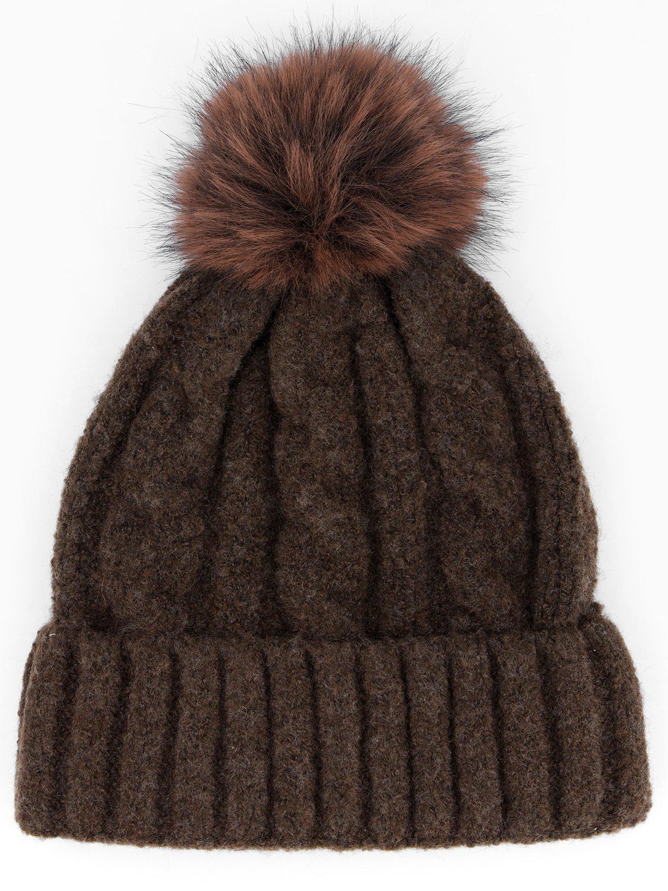 The Very Collection Cable Knitted Beanie With Faux Fur Pom Pom - Chocolate