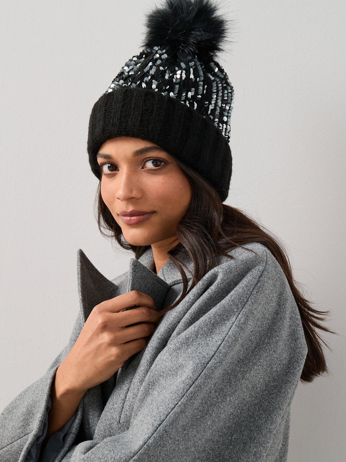 The Very Collection Knitted Sequin Beanie With Faux Fur Pom Pom - Black