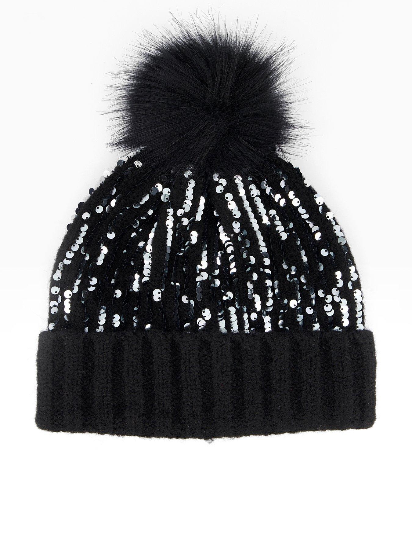 The Very Collection Knitted Sequin Beanie With Faux Fur Pom Pom - Black