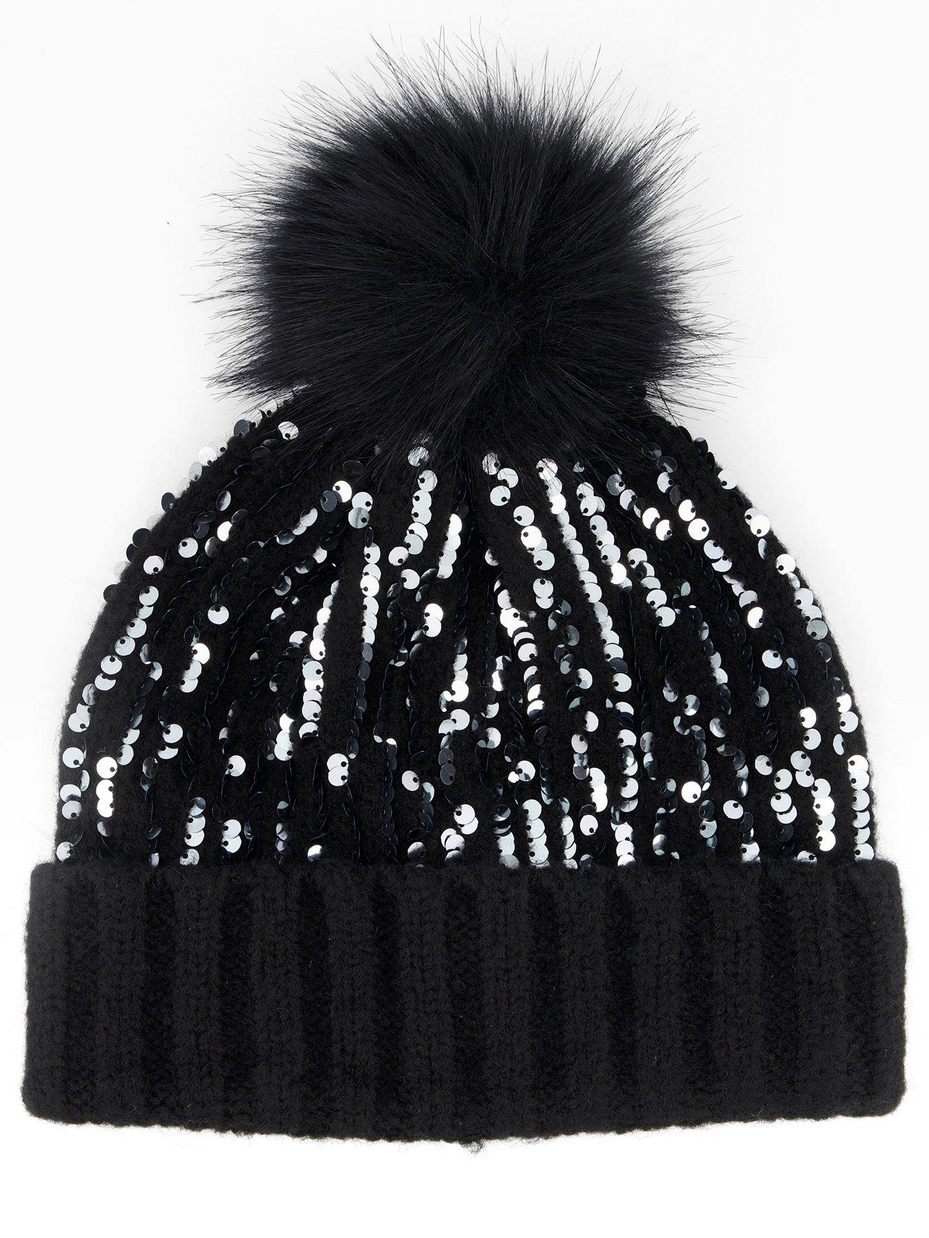 Image 1 of 3 of The Very Collection Knitted Sequin Beanie With Faux Fur Pom Pom - Black