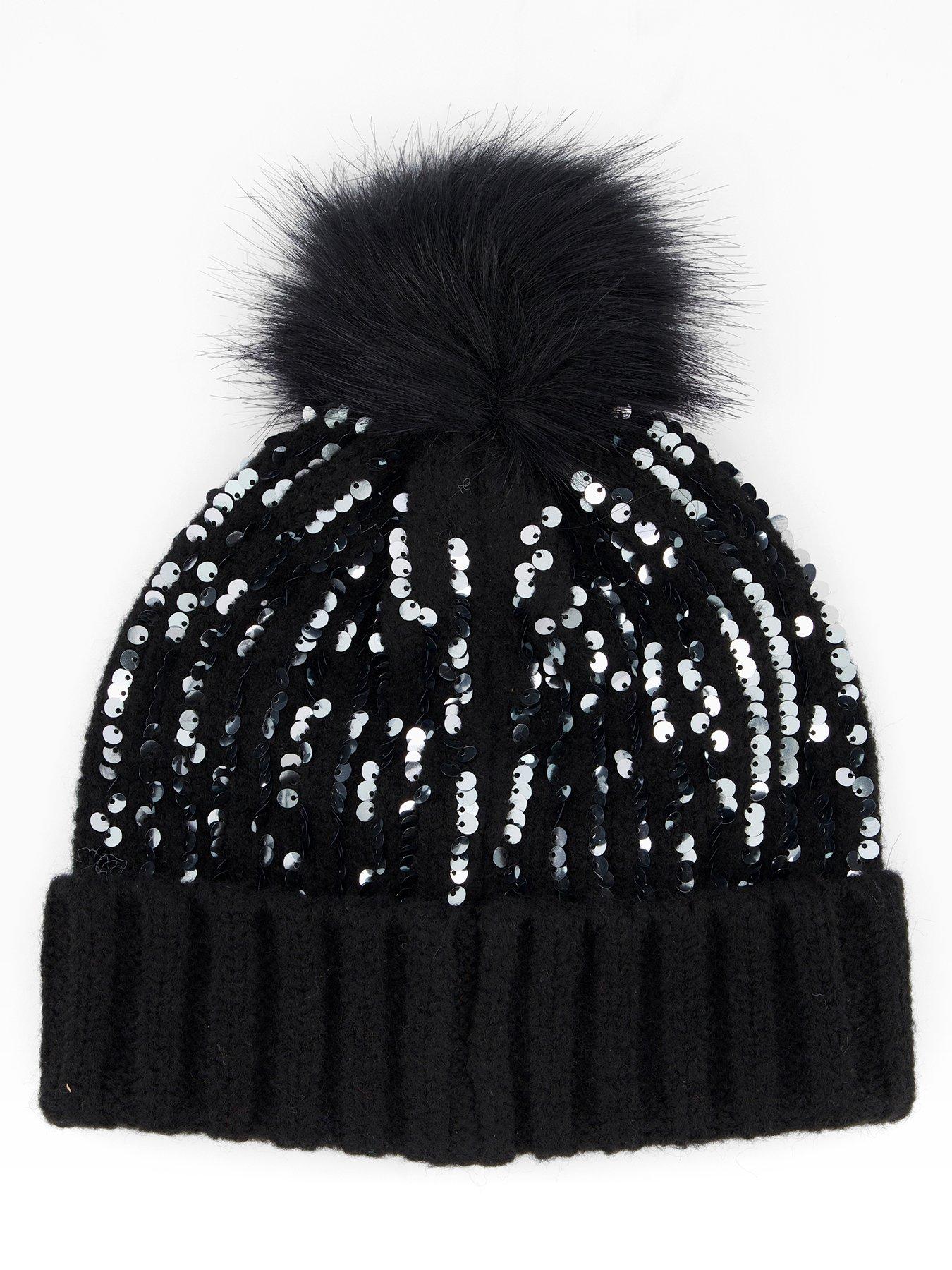 Image 2 of 3 of The Very Collection Knitted Sequin Beanie With Faux Fur Pom Pom - Black