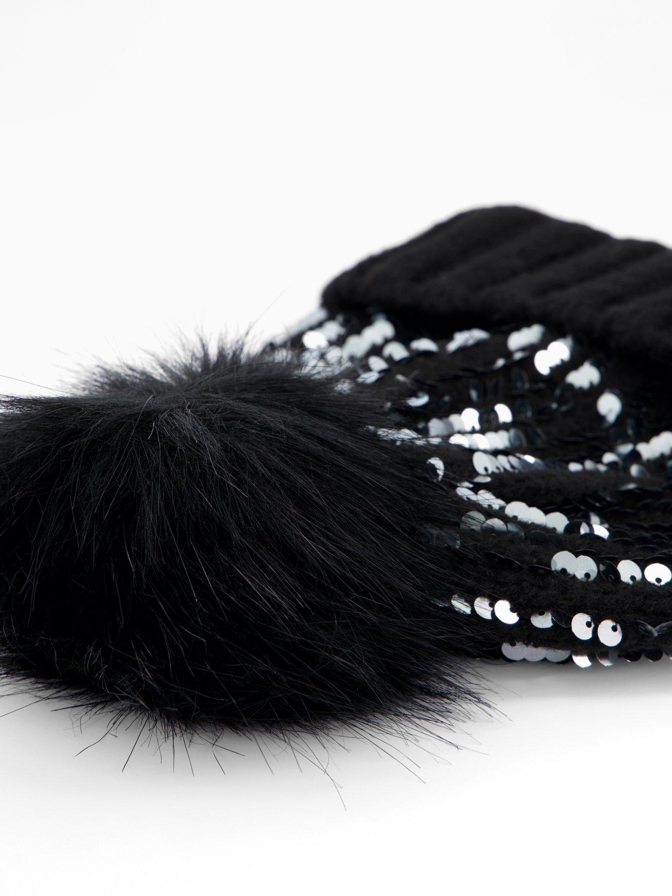 Image 3 of 3 of The Very Collection Knitted Sequin Beanie With Faux Fur Pom Pom - Black