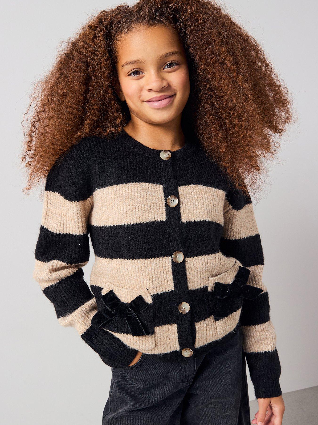 V by Very Girls Button Up Cardigan - Stripe Black