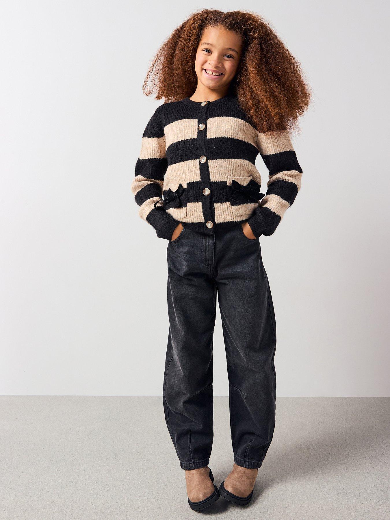 V by Very Girls Button Up Cardigan - Stripe Black