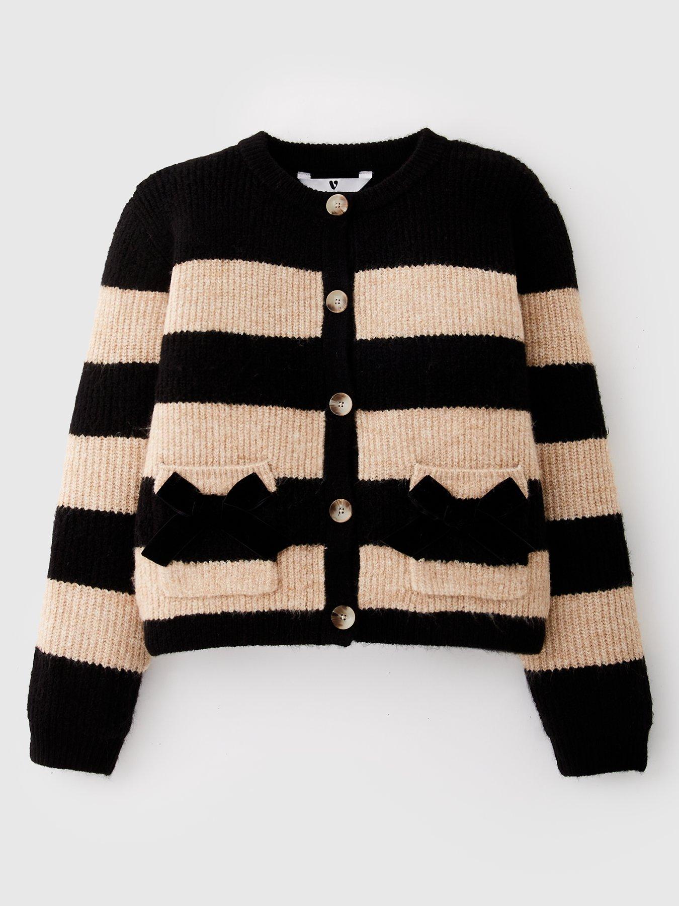 V by Very Girls Button Up Cardigan - Stripe Black