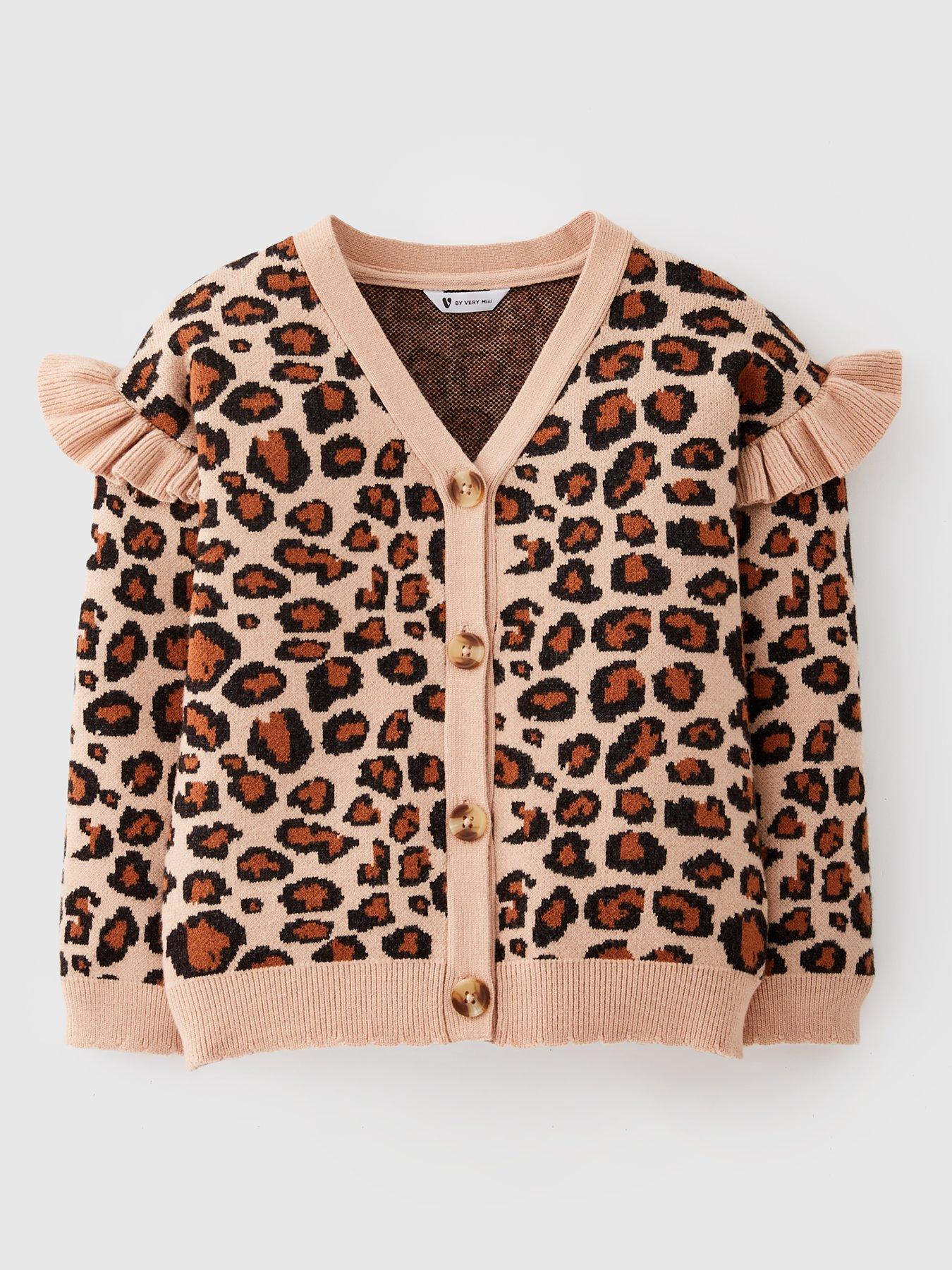 undefined Girls Leopard Print Frill Shoulder Cardigan - Multi