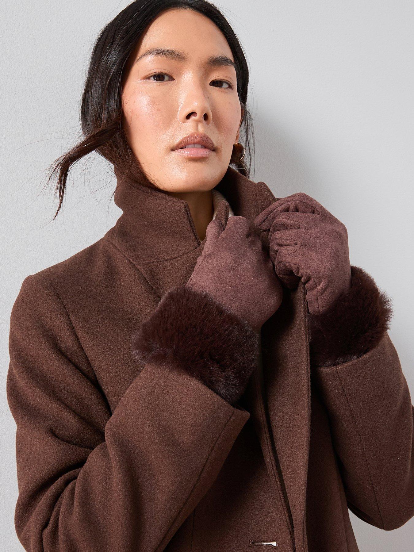 The Very Collection Suedette Faux Fur Trim Gloves - Chocolate
