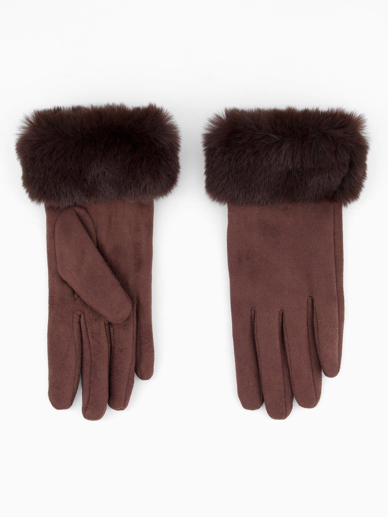 The Very Collection Suedette Fur Trim Gloves - Brown