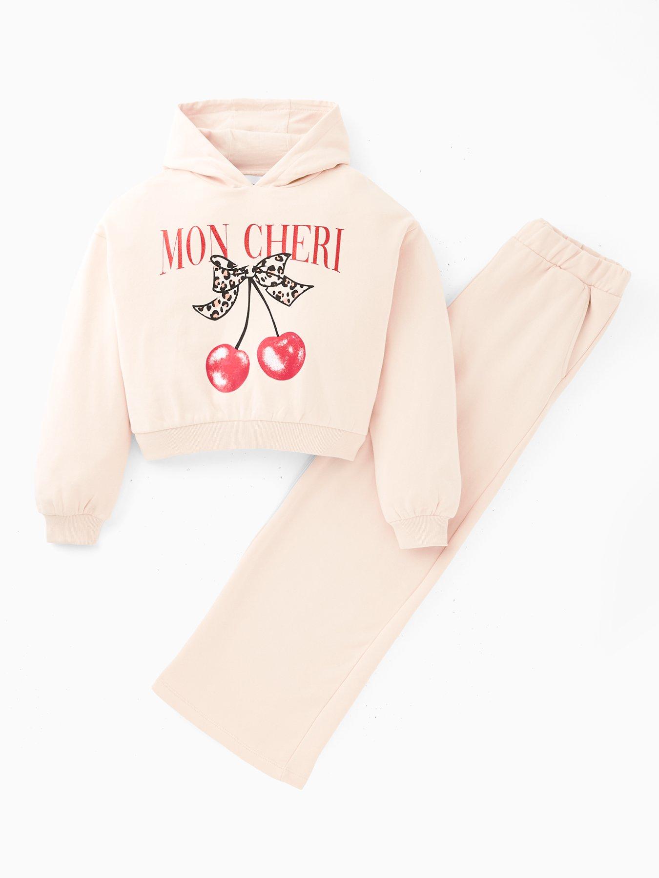 V by Very Girls Cherry Print Slogan Sweat With Wide Leg Joggers - Multi