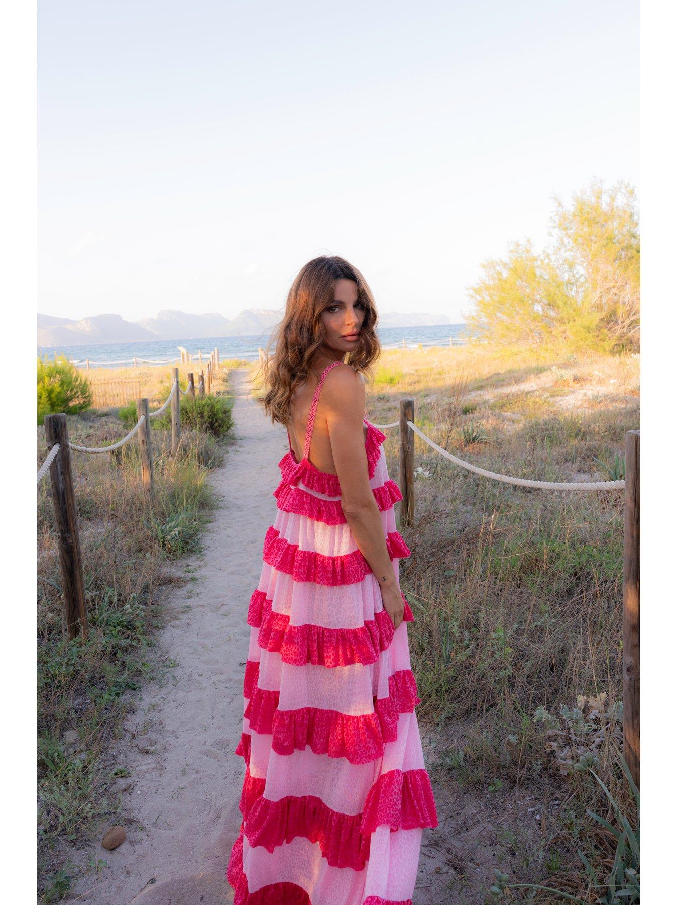 Image 2 of 4 of PITUSA Pitusa Coloublock Tiered Ruffle Dress - Light Pink