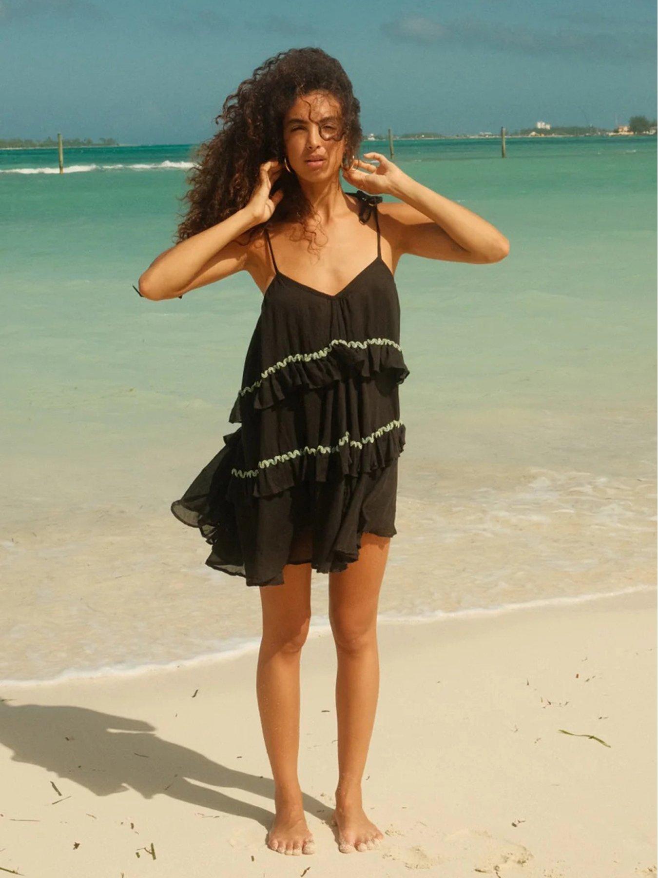 undefined Beaded Ruffle Tiered Mini Beach Dress - Black