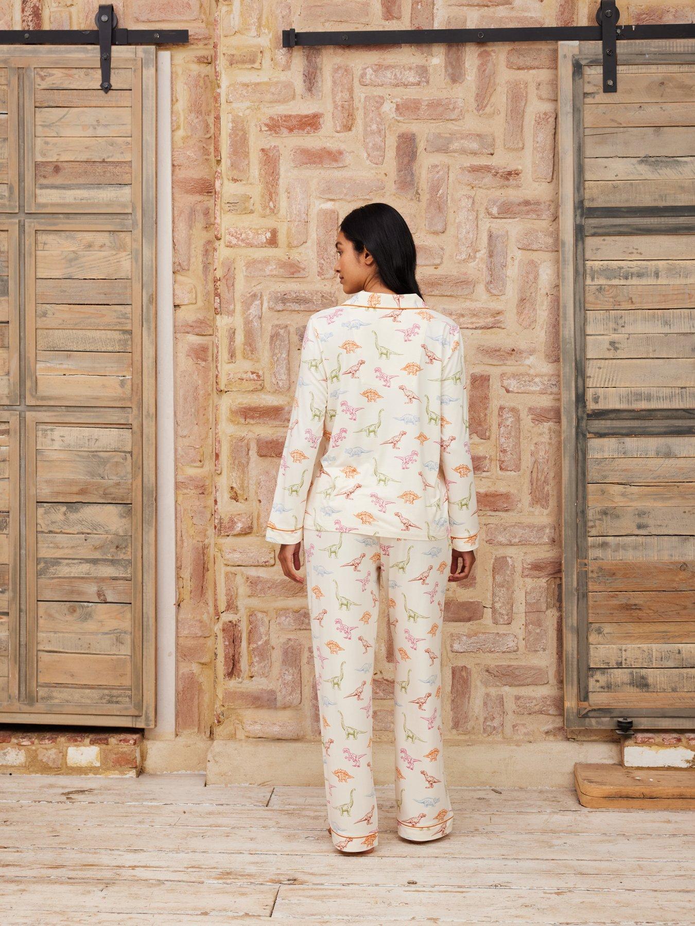 Image 2 of 4 of CHELSEA PEERS Dinosaur Print Long Pyjama Set