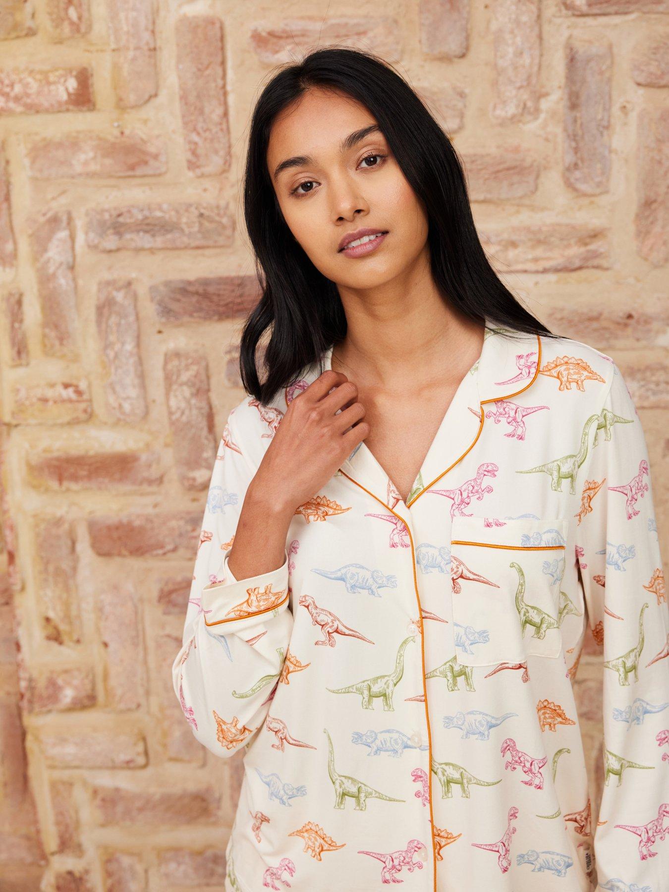 Image 3 of 4 of CHELSEA PEERS Dinosaur Print Long Pyjama Set